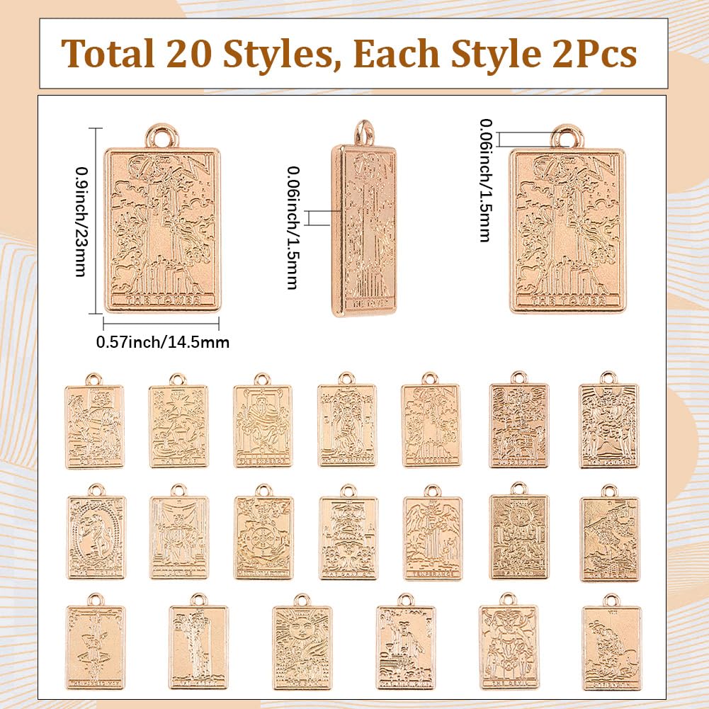 SUNNYCLUE 1 Box 40pcs 20 Styles Tarot Card Charms Tarot Charm Rectangle Alloy Light Gold Vintage Magic Good Lucky Fortune Card Pendants for Jewellery Making Bracelets Earrings DIY Crafting Supplies - Image 2