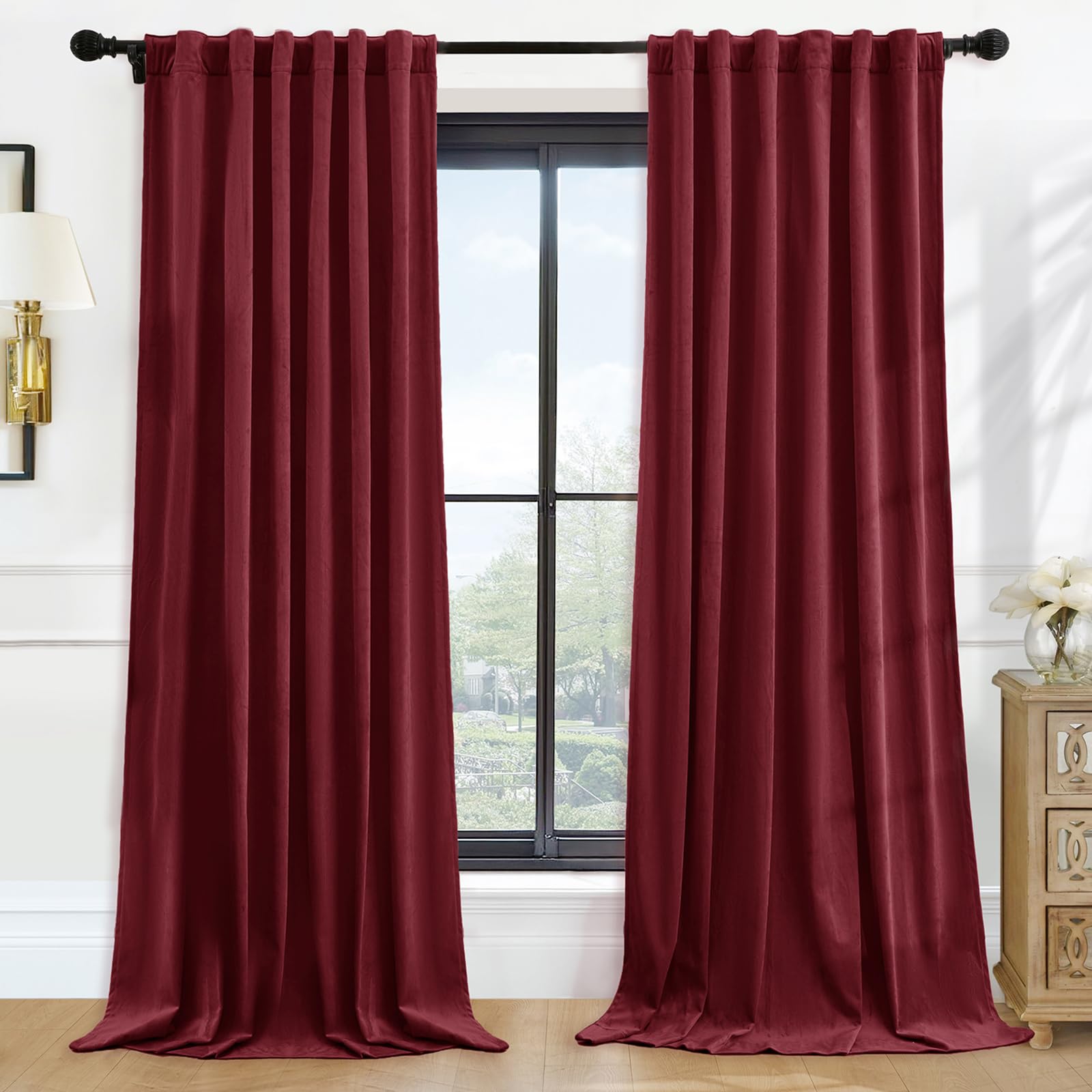 P Pothuiny Blackout Velvet Curtains 108 Inches Long, 2 Panels Burgundy Velvet Drapes Rod Pocket Back Tab Design Window Thermal Insulated Curtains for Living Dining Room, Bedroom (W52 xL108)