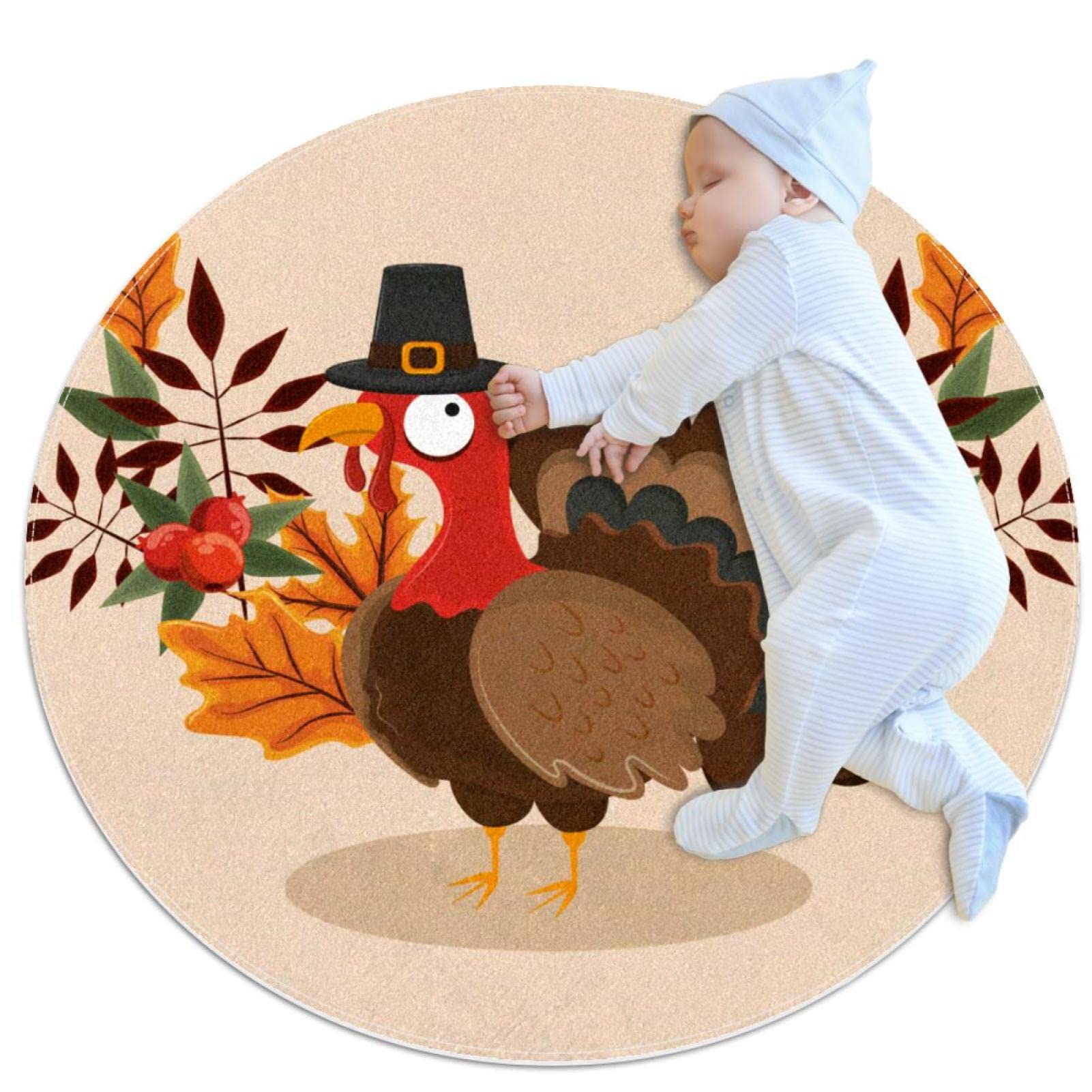 Tapis de chambre enfant Thanksgiving Turquie rond 1m anti-glisse pour sol sécurisé
