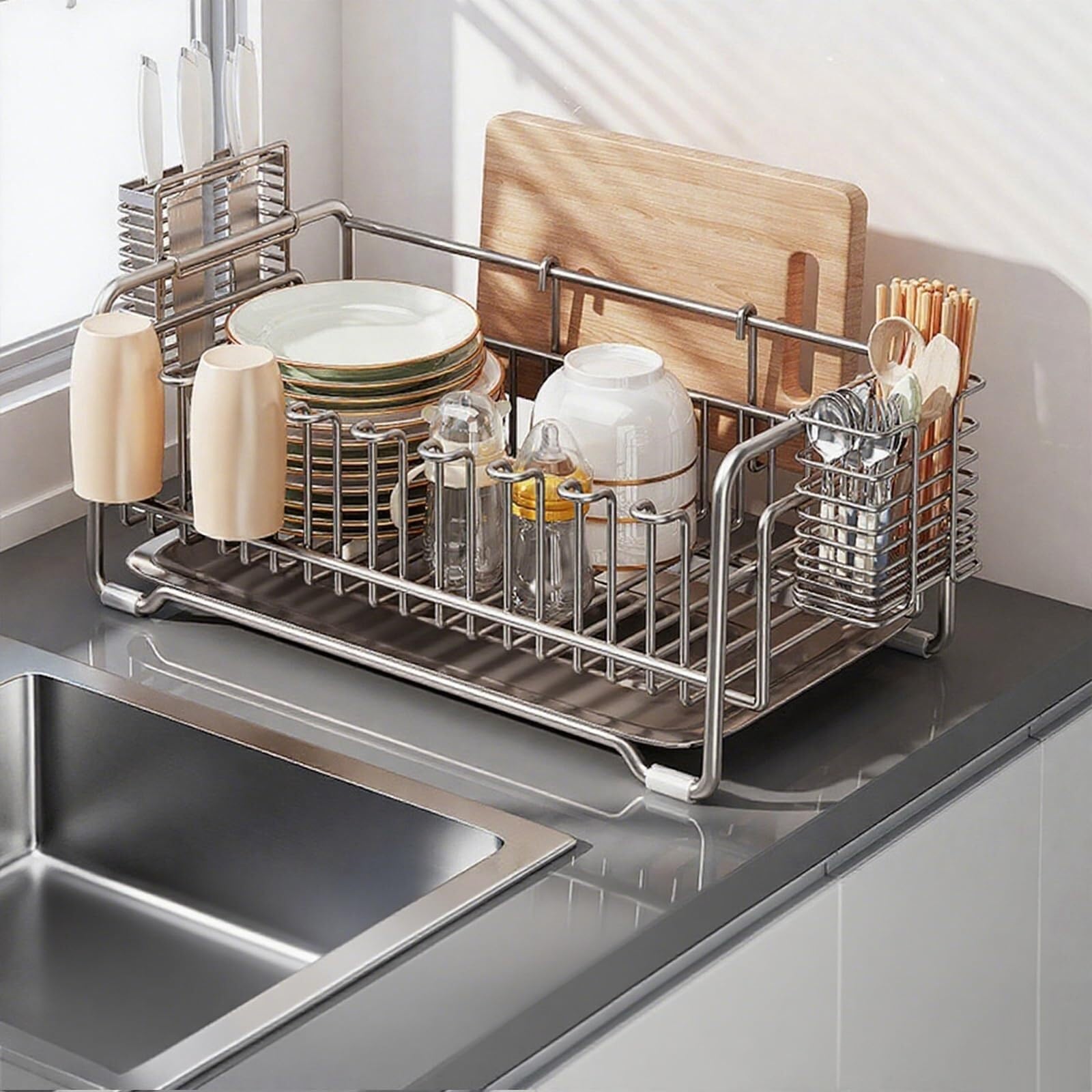 WLH Alexanders Dish Drying Rack Space-Saving Dish Rack for Kitchen Counter Stainless Steel Dish Drainer with Utensil Holder dish rack(Color3,36cm)