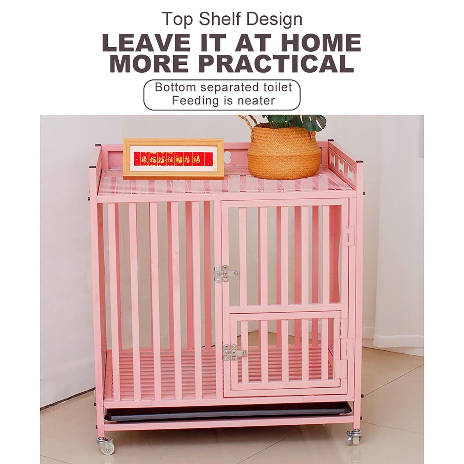 Jaula resistente para perros, 2 en 1, estilo mueble, con ruedas, diseño resistente a las mordidas para perros pequeños a grandes, muebles rústicos de interior