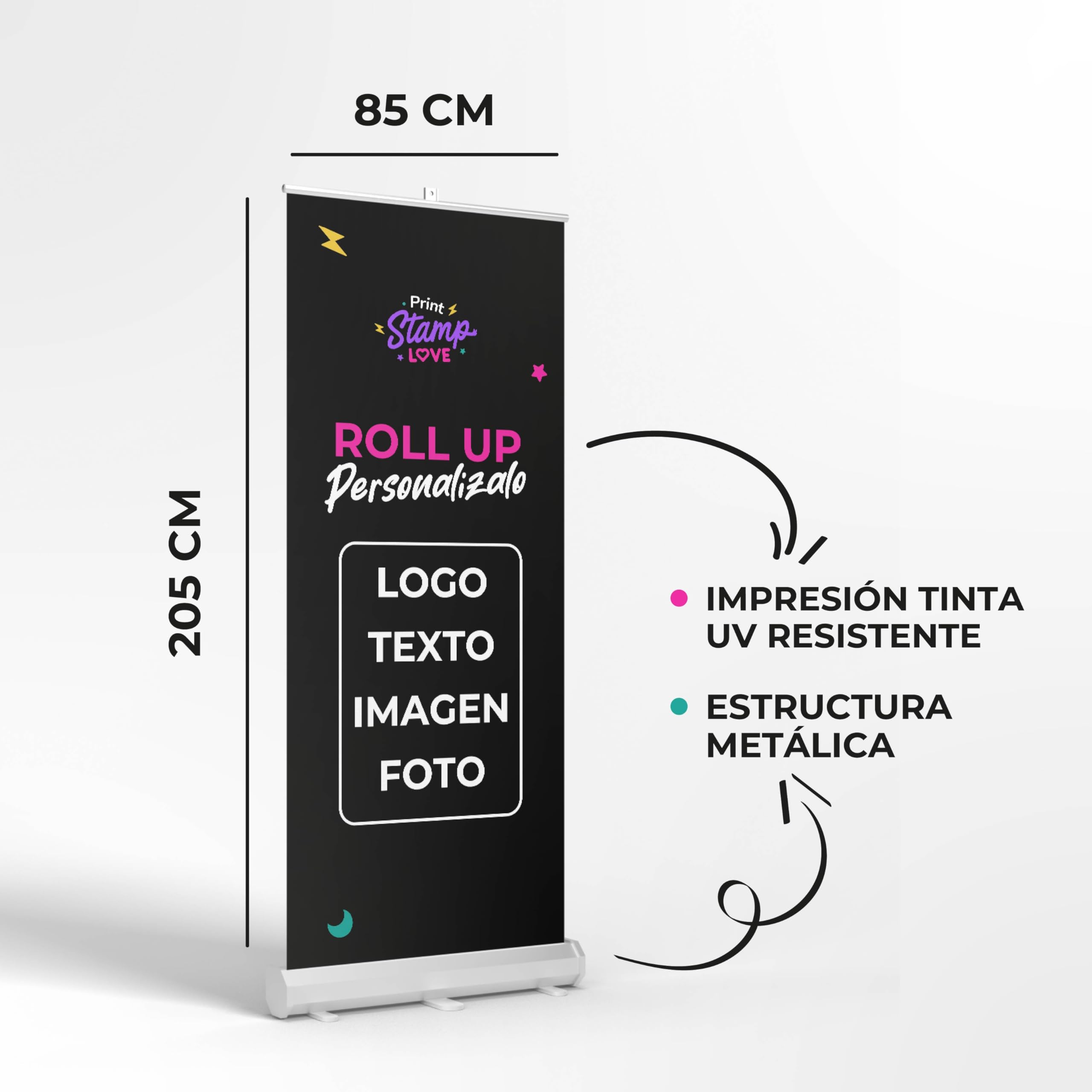 Roll Up Personalizado - Estructura Photocall con Pancarta Personalizada - Medidas 85x205cm - Cartel Personalizado - Banner Personalizado para Promociones, Empresas y Negocios - Añade Fotos y Textos