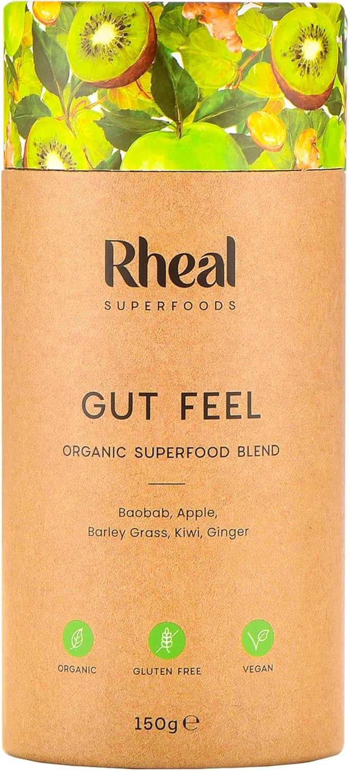 Rheal Gut Feel 150g | 30 Servings | Supports Digestion & Gut Health | Source of Fibre | 600mg Actazin Kiwi | Organic Superfoods with Ginger & Baobab | Certified B Corp
