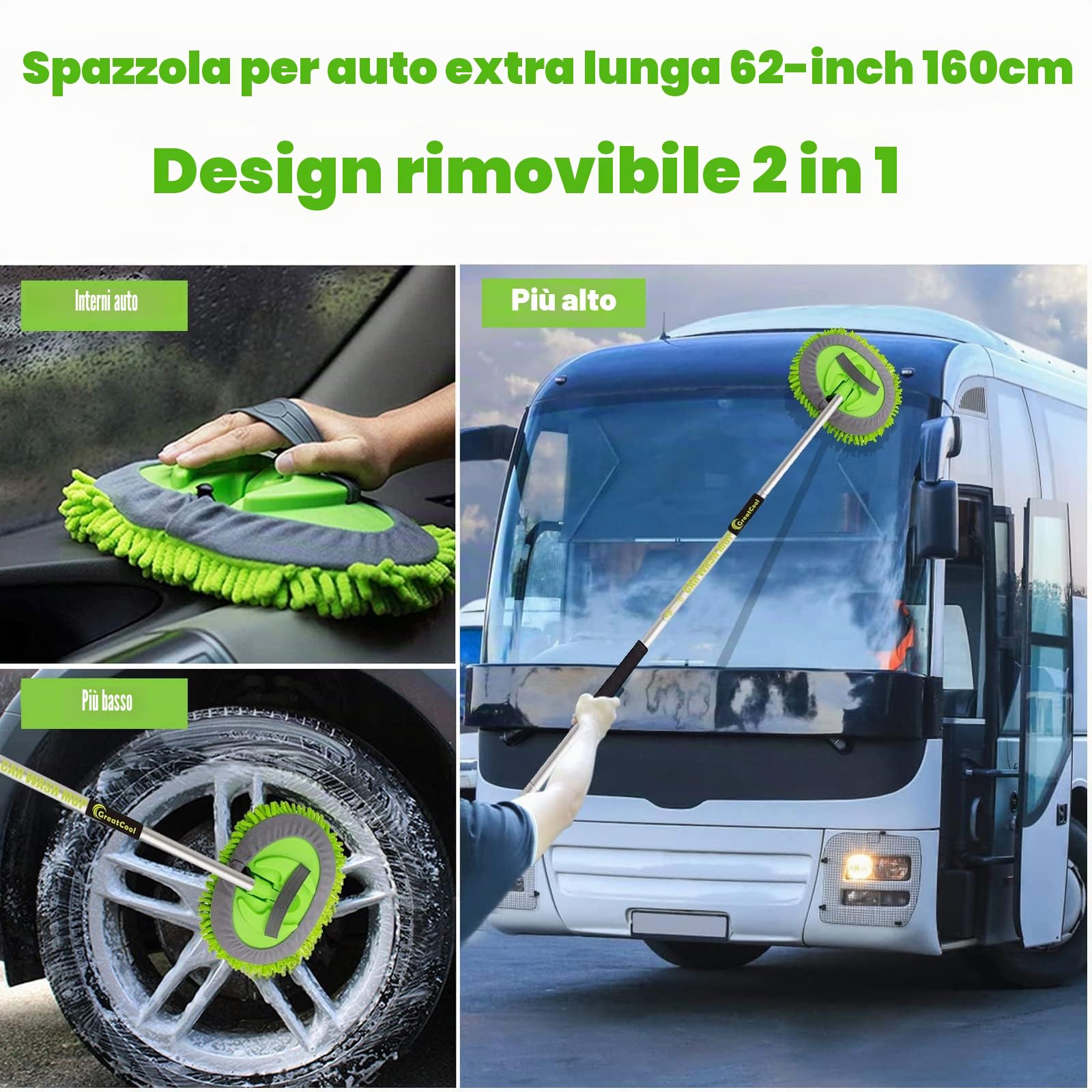 160cm Spazzola di Pulizia per Lavaggio Auto con Manico Lungo, 2 in 1 Microfibra Spazzolone per Autolavaggio Guanto Kit per Auto Camper Camion SUV, Non Danneggia Vernice (2 x Teste per Mocio)