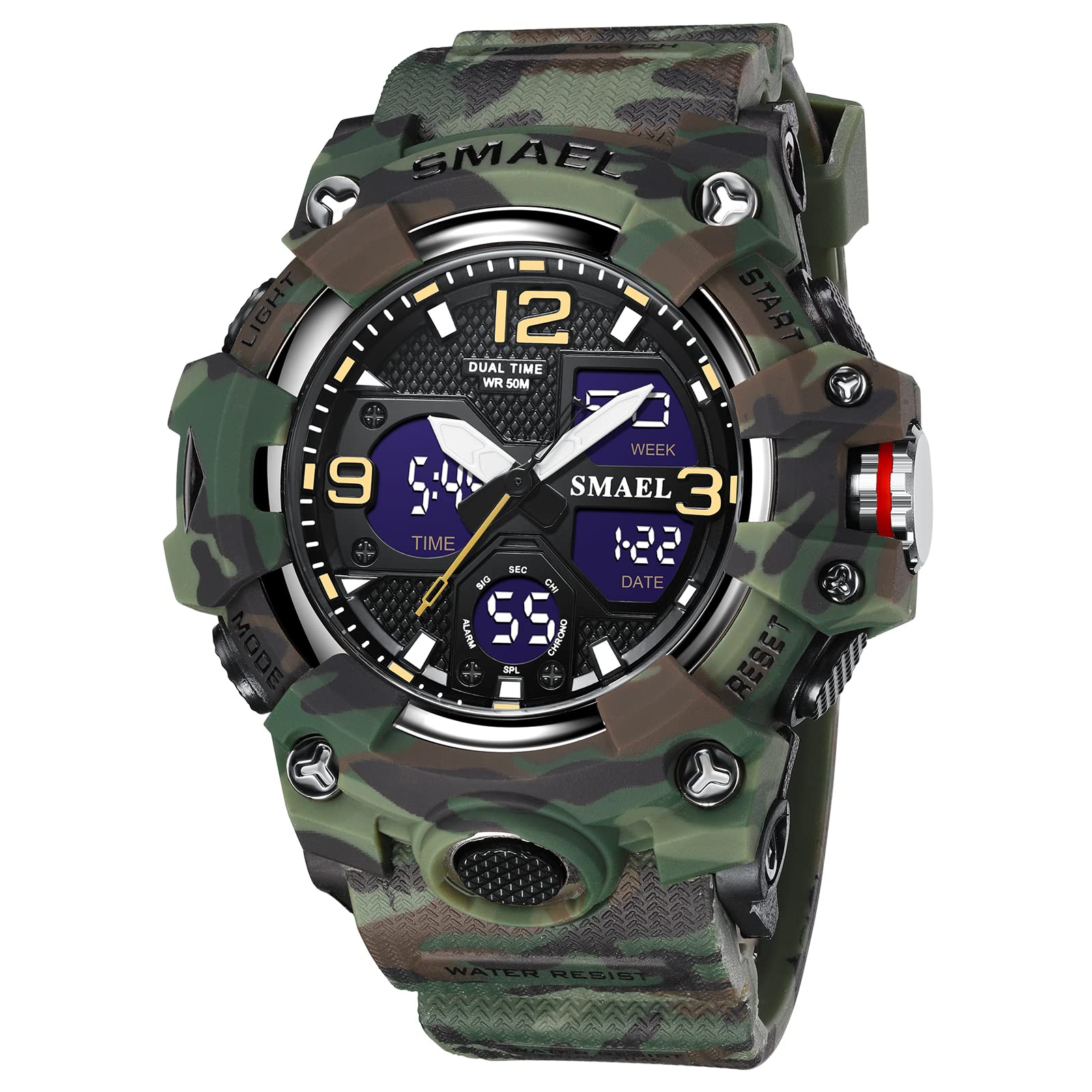 SMAEL 8008 Reloj de cuarzo deportivo resistente al agua, reloj de camuflaje de color dual digital (camuflaje verde), Camuflaje Verde