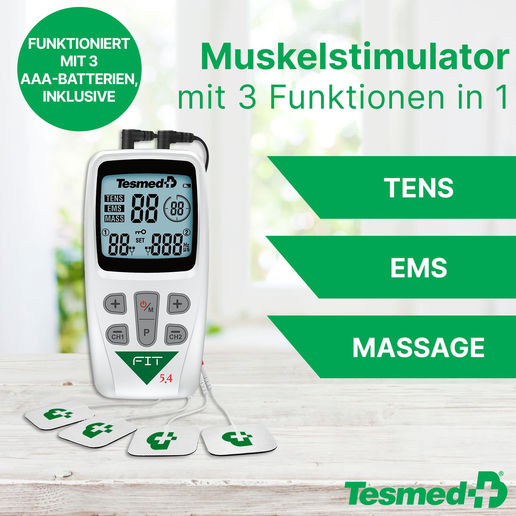 TESMED Fit Muskel Elektrostimulator für EMS, TENS, Massage (3 in 1), 22 Programme, Davon 6 anpassbar, perfekt zur Schmerzlinderung und Stimulierung der Bauch, Gesäß und Brustmuskeln