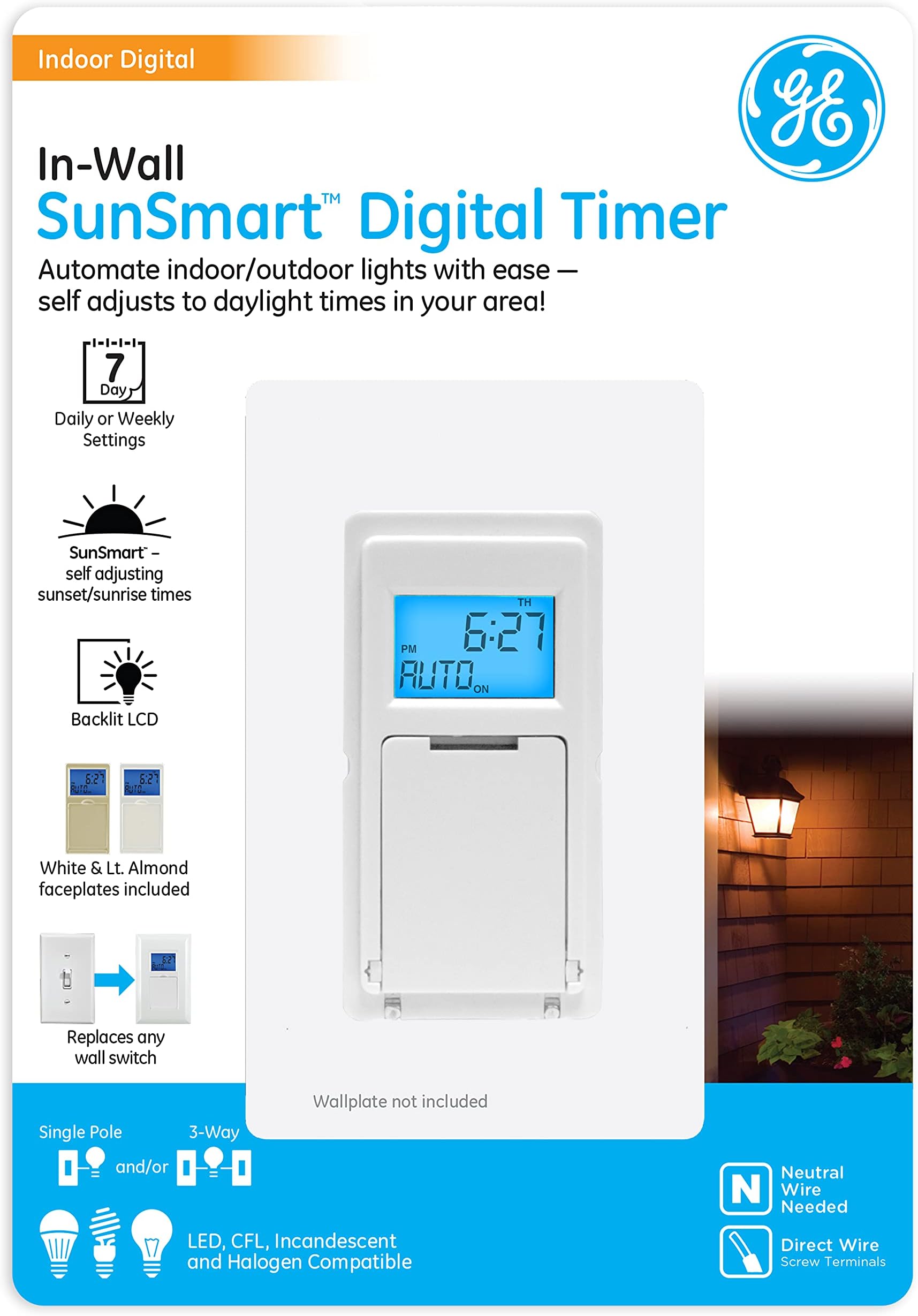 SunSmart 7-Day In-Wall Digital Timer Switch, Auto Sunrise/Sunset, Weekly Programmable, Security, Countdown, Single-Pole/3-Way, Neutral Wire Required, White or Light Almond, 32787