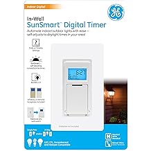 GE SunSmart Digital in-Wall Timer, Daily ON/Off Times, Programmable Settings, Sunset/Sunrise Presets, Vacation Security, White &amp; Almond, Lights, Fans, Heaters, Switch, Light Switch, 32787