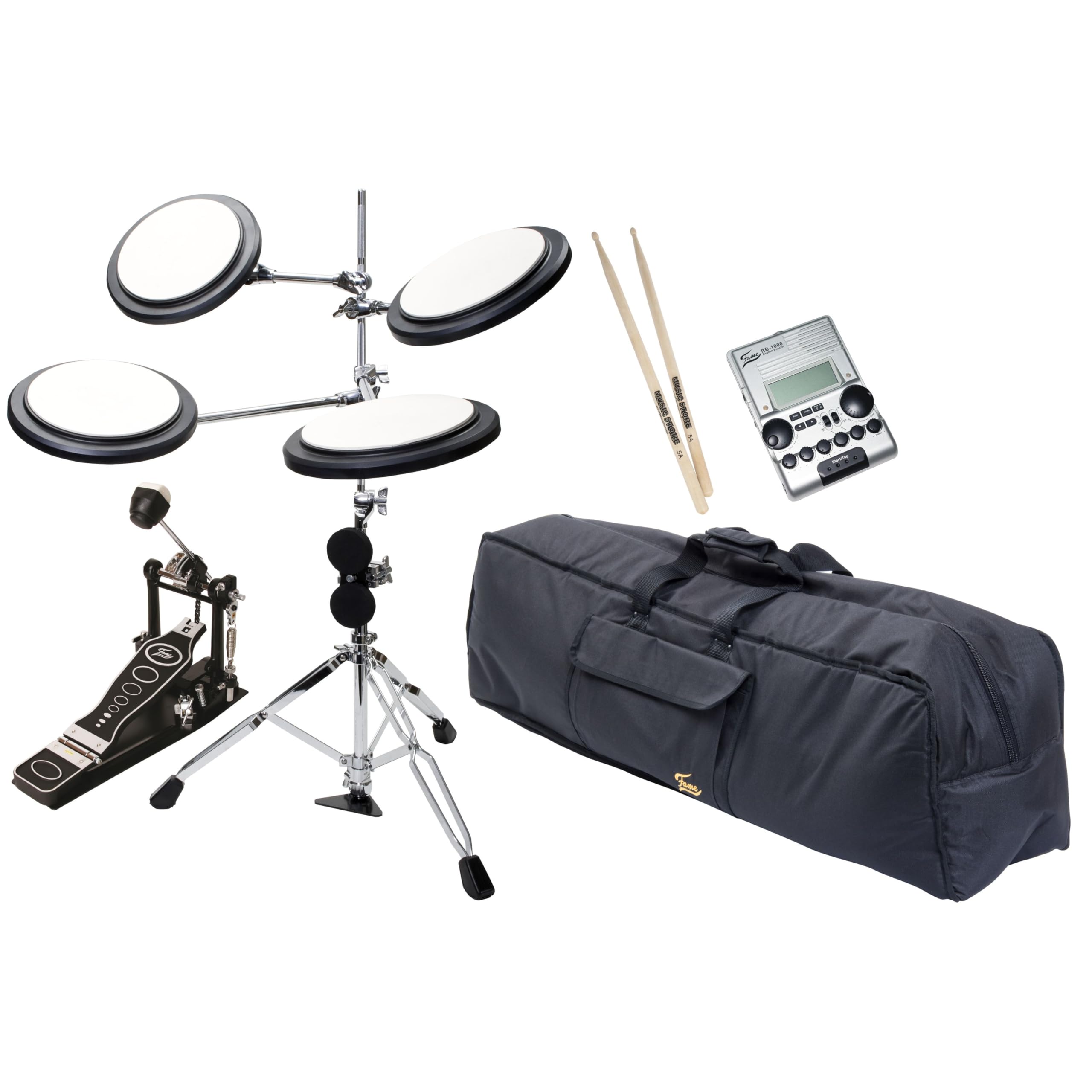 Fame Schlagzeug Übungsset II, Komplettes Drum-Zubehör-Set, Practice Pad, Hardware Bag, Digital Metronome, Einzelpedal, Drumsticks, Ideal für Schlagzeuger