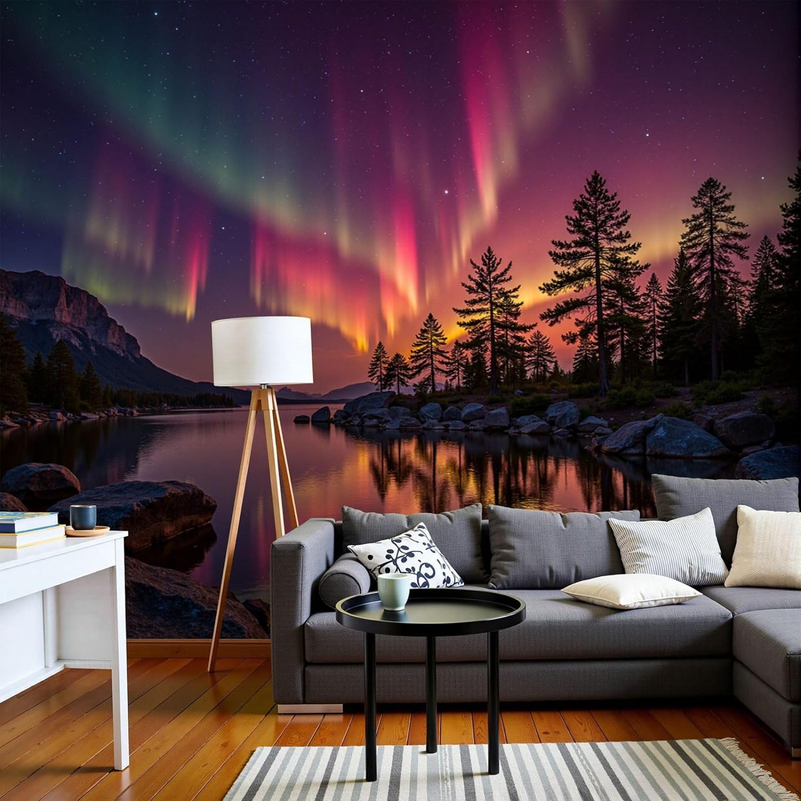 3D Effect Photo Wallpaper Nature Mystery Wonder Non-woven Poster Aurora Forest XXL Non-woven Red Wall Living Room Bedroom Picture Wallpaper, 300cm x 210cm Stickers - Frameless Painting - Poster