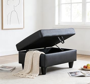35 Faux Leather Storage Ottoman Bench with Lid Lifting Function, Square Ottoman with Storage for Living Room/Bedroom/Entryway (Black)