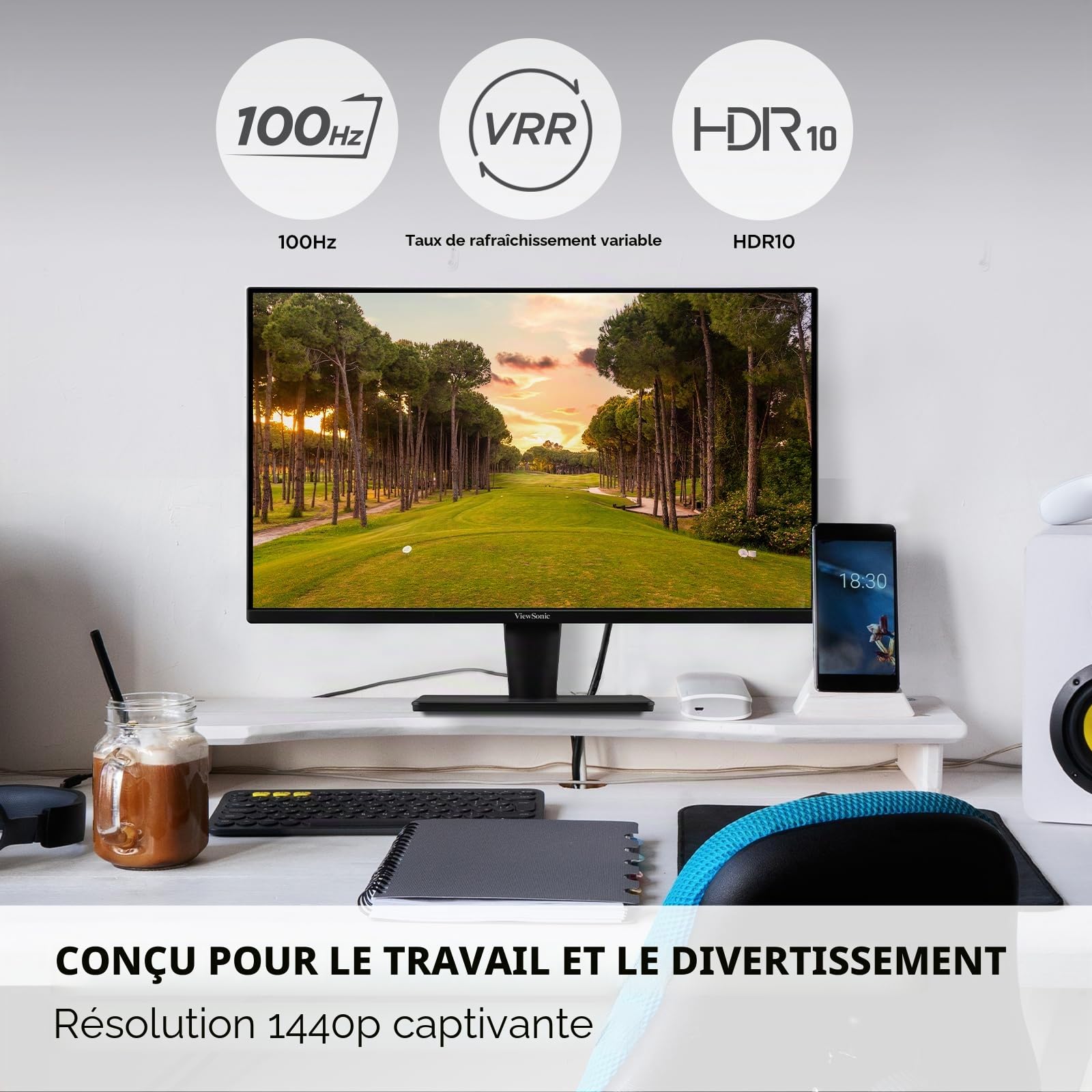 ViewSonic VS2725-2K Écran PC 27 Pouces 2K QHD, 100Hz, 1ms MPRT, VA, Deux haut-parleurs, Sans cadre, HDR10, 2 x HDMI, DP, Garantie de 2 ans
