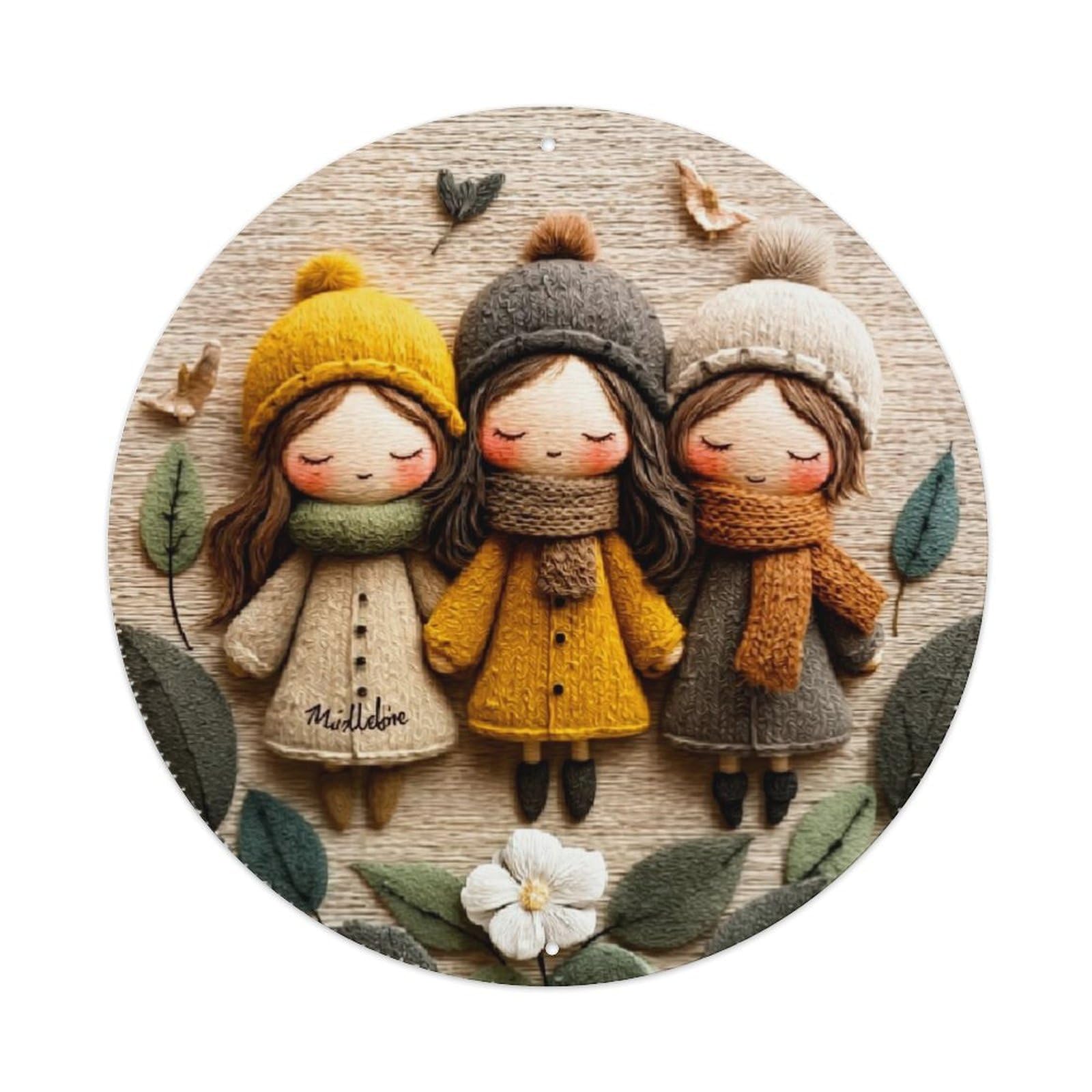 Three Dolls Autumn Leaves Flower Retro Metal Sign Round Tin Sign, Vintage Decor Art Poster for Bar, Home, Man Cave, Kitchen, Laundry Room Gift 8x8Inch