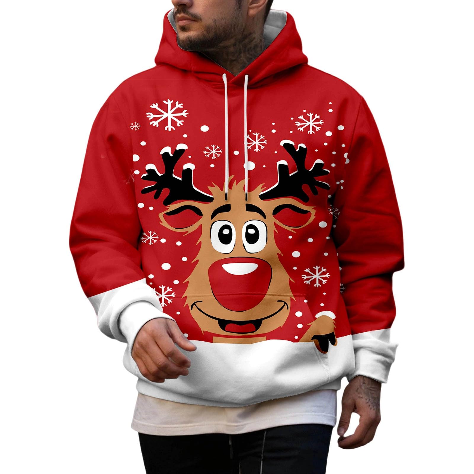 Kersttrui voor heren, hoodie, pullover, rendier/sneeuwman, 3D-print, grappige kersttrui, uniseks, casual, sweatshirt met lange mouwen en zak, kersthoodie, C9, 3XL