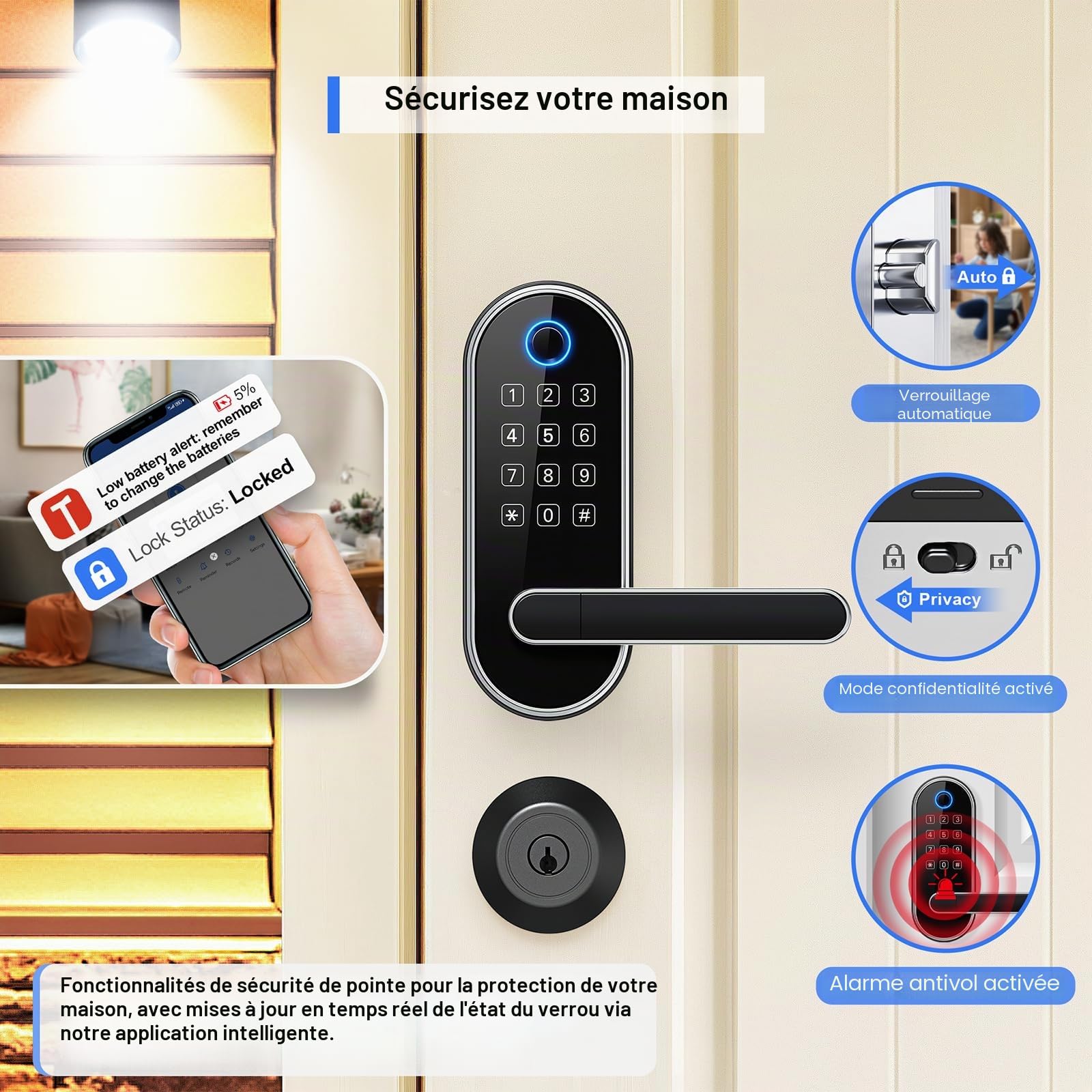 Serrure intelligente à empreinte digitale sans clé avec poignée et clavier : serrure numérique électronique/électrique avec code/code passe, bouton de porte biométrique pour porte d'entrée, chambre à