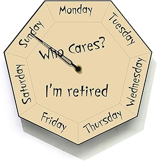 Day of The Week Clock - Who Cares? I'm retired - Heptagon Beige Wall Clock - Week Days Clock - Fun Retirement Gift - Optional RGB LED 5V Backlit