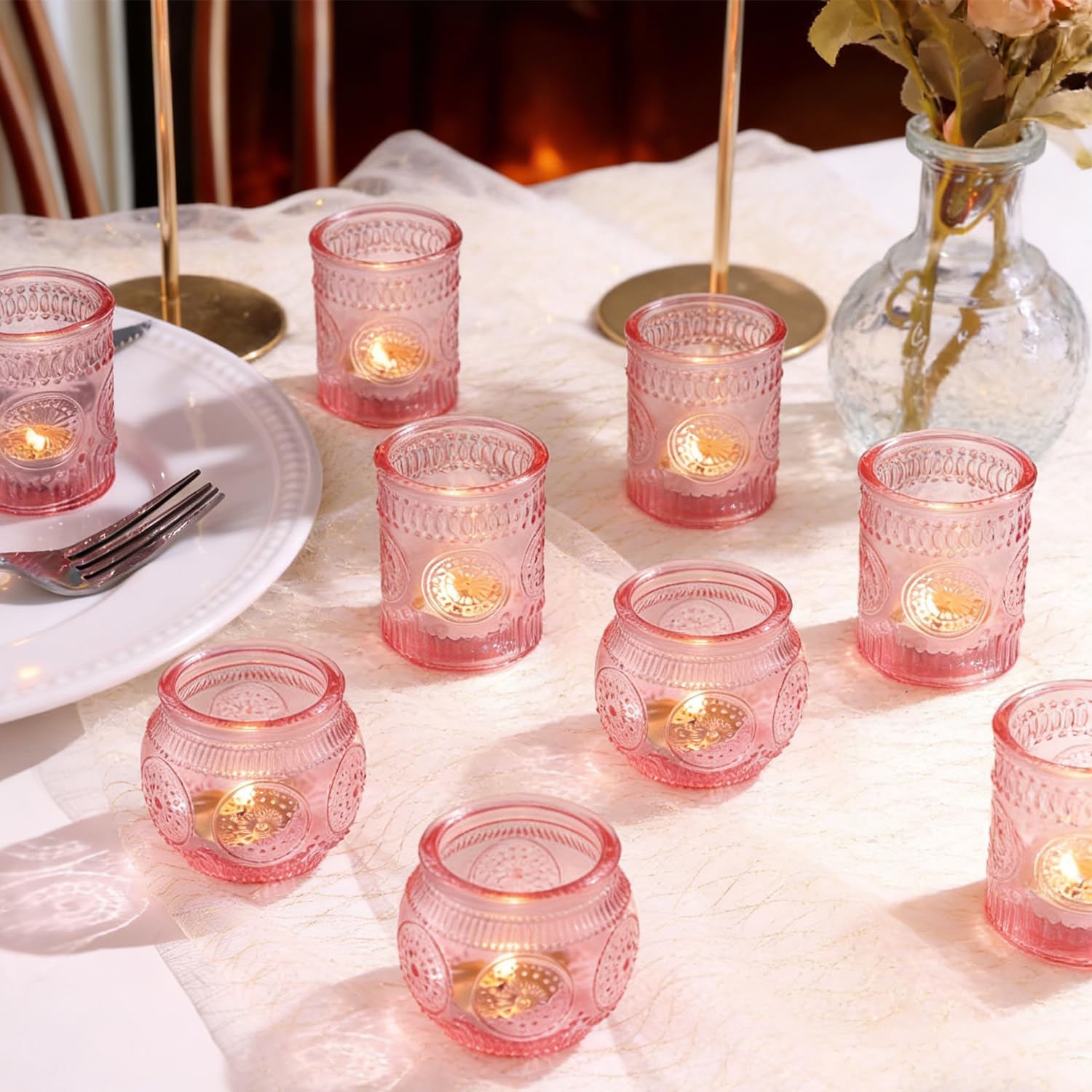 Glass Tea Light holder,Votive Candle Holders for Wedding Centerpiece, Various Parties & Home Decor (12, Pink)
