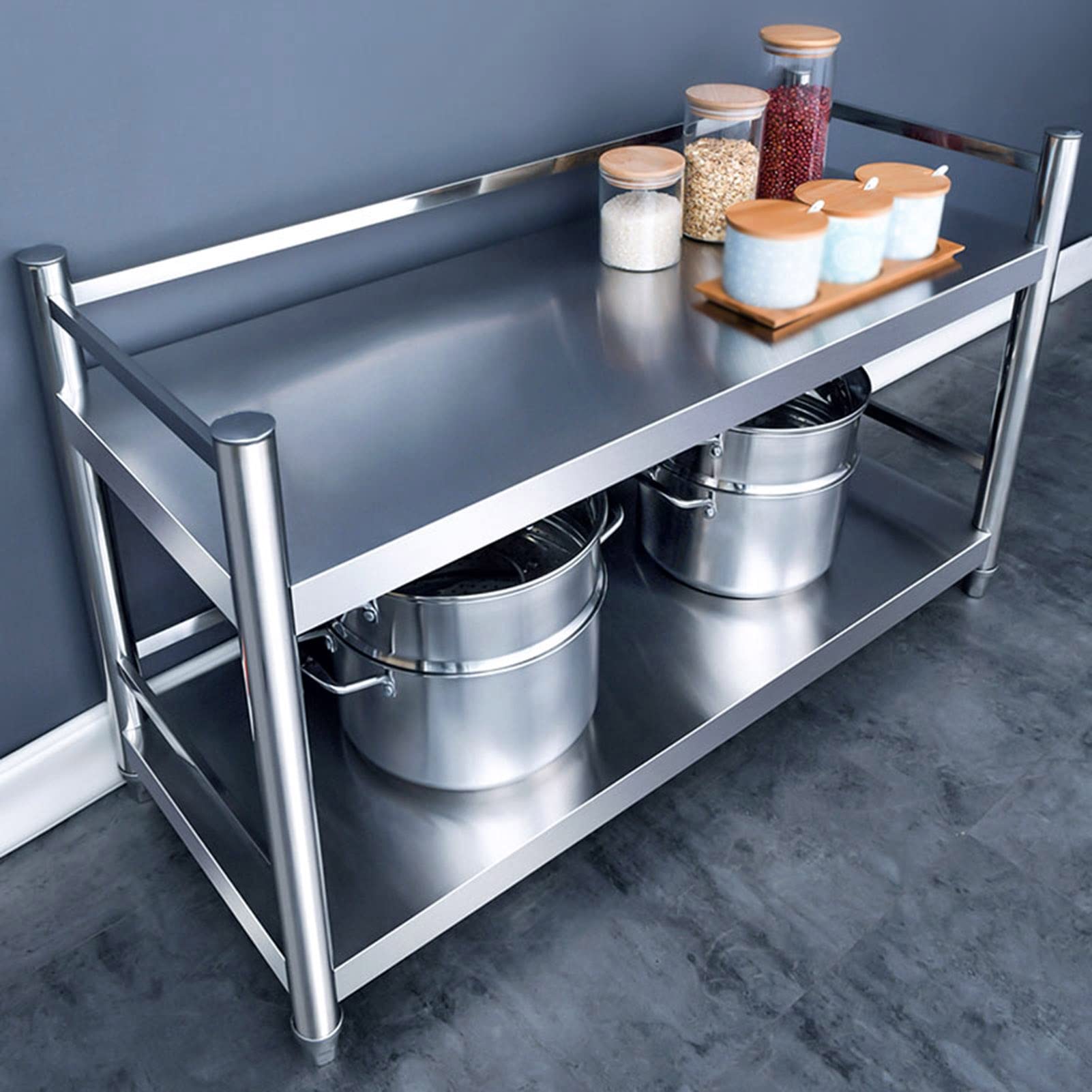 Scaffale da cucina industriale con 2 ripiani in acciaio inossidabile, facile da montare, scaffale in metallo per cucina e garage, argento (70 x 40 x 60 cm)