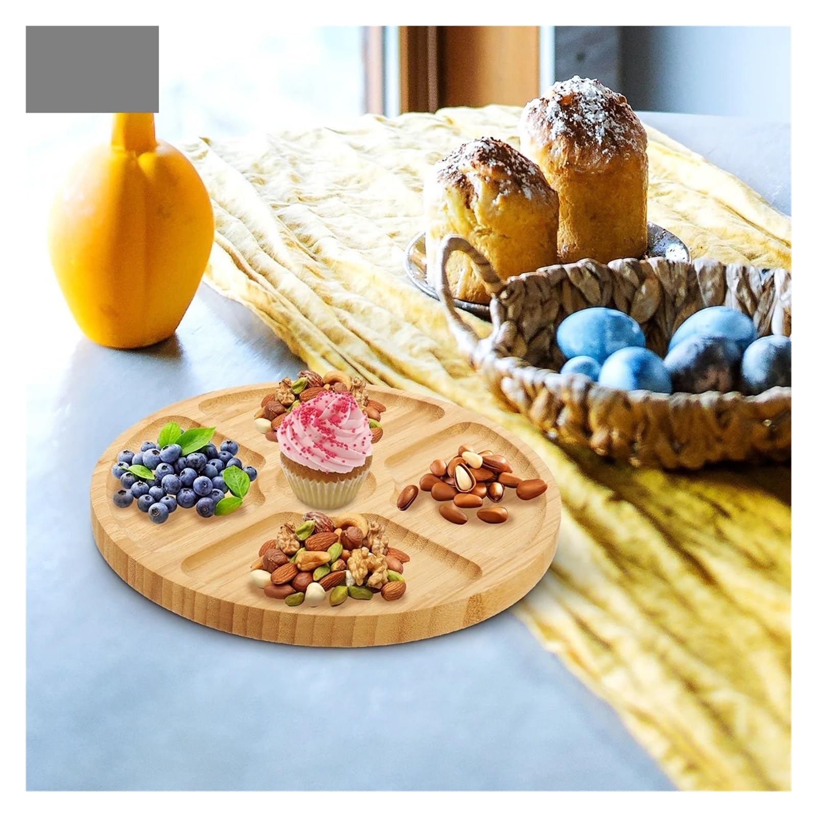 Vassoio Natalizio Vassoio da portata rotondo in bambù con 5 scomparti, ideale for snack, frutta, noci, piatto in legno con divisori for vassoi da festa(25cm)