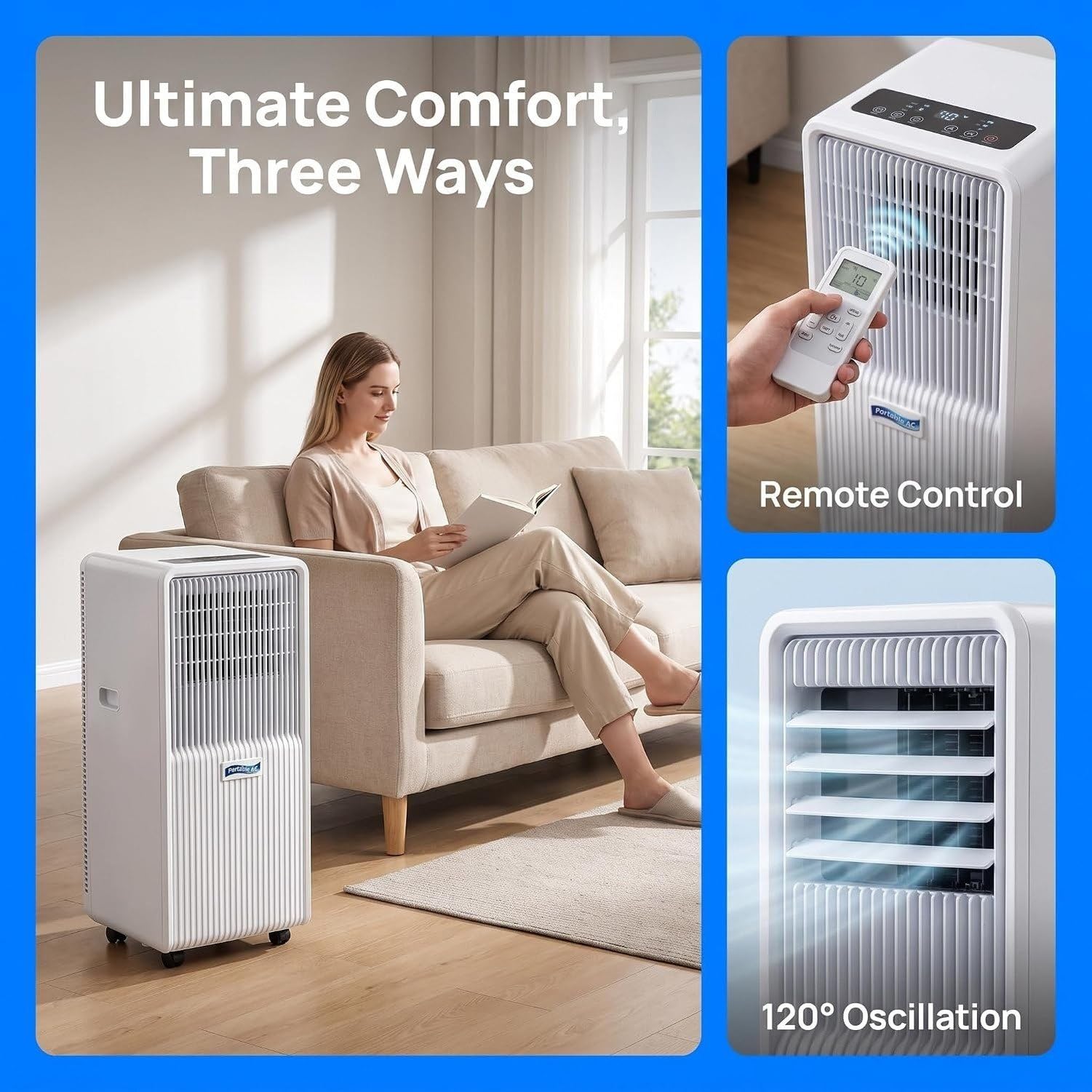 Condizionatore d'Aria Portatile 9000 BTU con Telecomando, Timer 24H, modalità Notte, Kit Finestra, 2 velocità, 3 modalità per casa e Ufficio, 14000 BTU, 14000 BTU