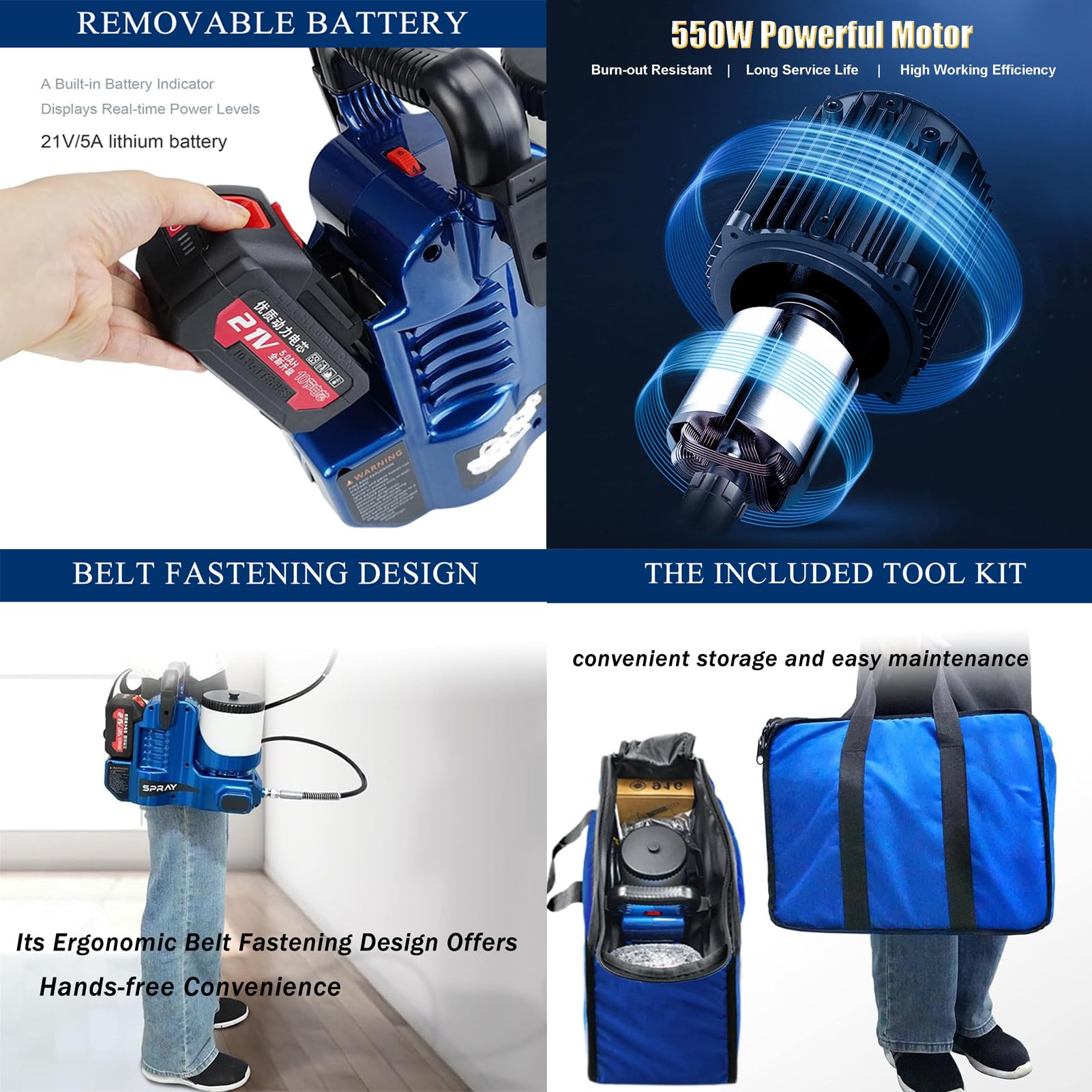 Spruzzatore di Vernice Airless Ad Alta Pressione, Verniciatore A Spruzzo Professionale Portatile, 550W, Senza Fili, Design Ergonomico con Cintura, Utilizzato per Mobili,Blue