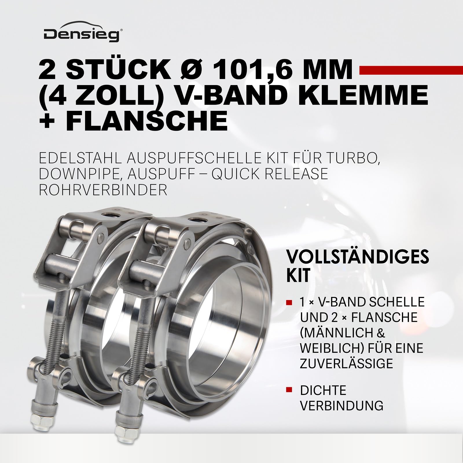 2 zaciski V-Band + kołnierze – obejma do rury wydechowej ze stali nierdzewnej, zestaw do Turbo, Downpipe – Quick Release (2 x Ø 101,6 mm (4")