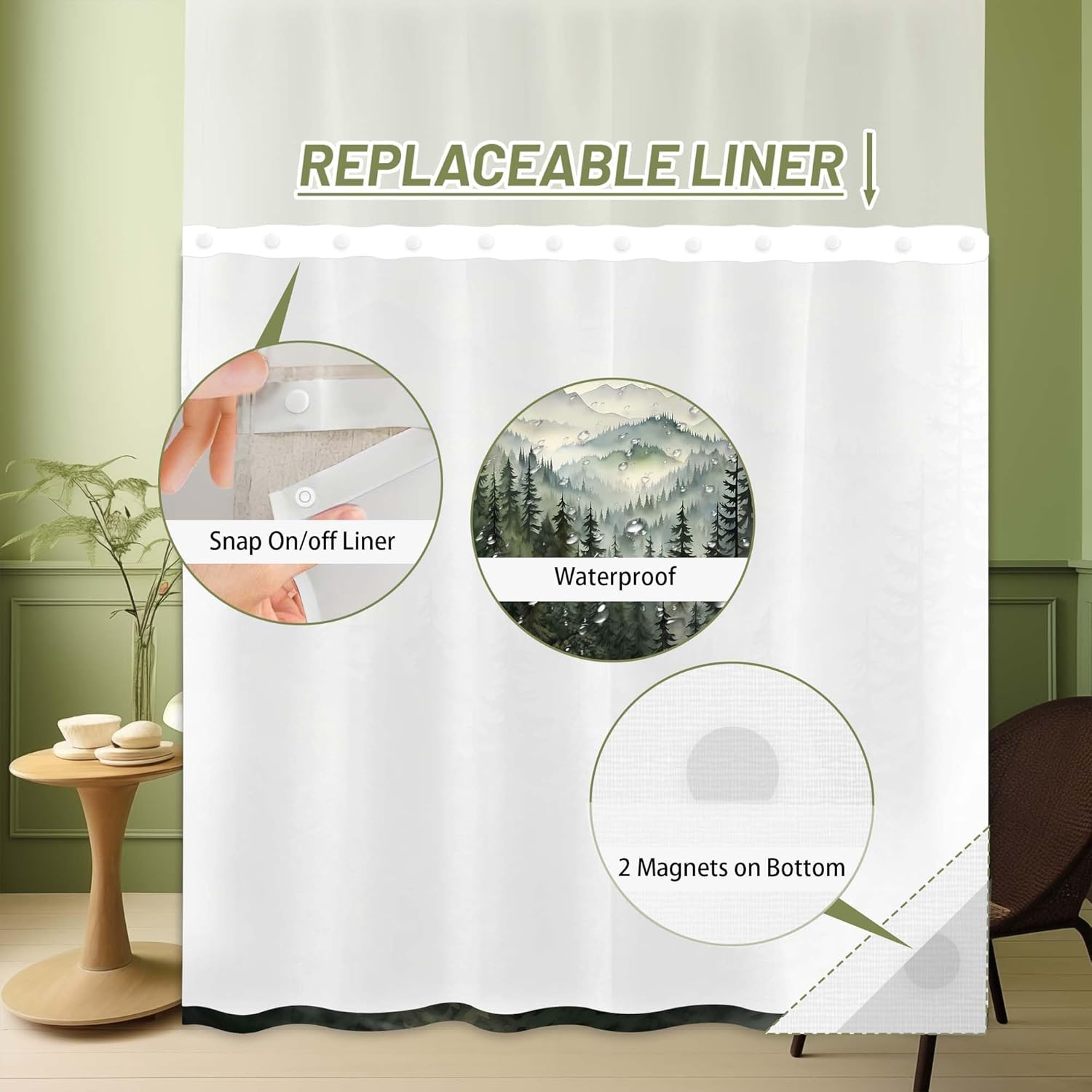 Forest Hookless Shower Curtain with Snap in Liner, Nature Mountain No Hook Double Layer Shower Curtain and Liner Set, Ringless with Window Waterproof Cloth Fabric, 71" W x 74" L, Green