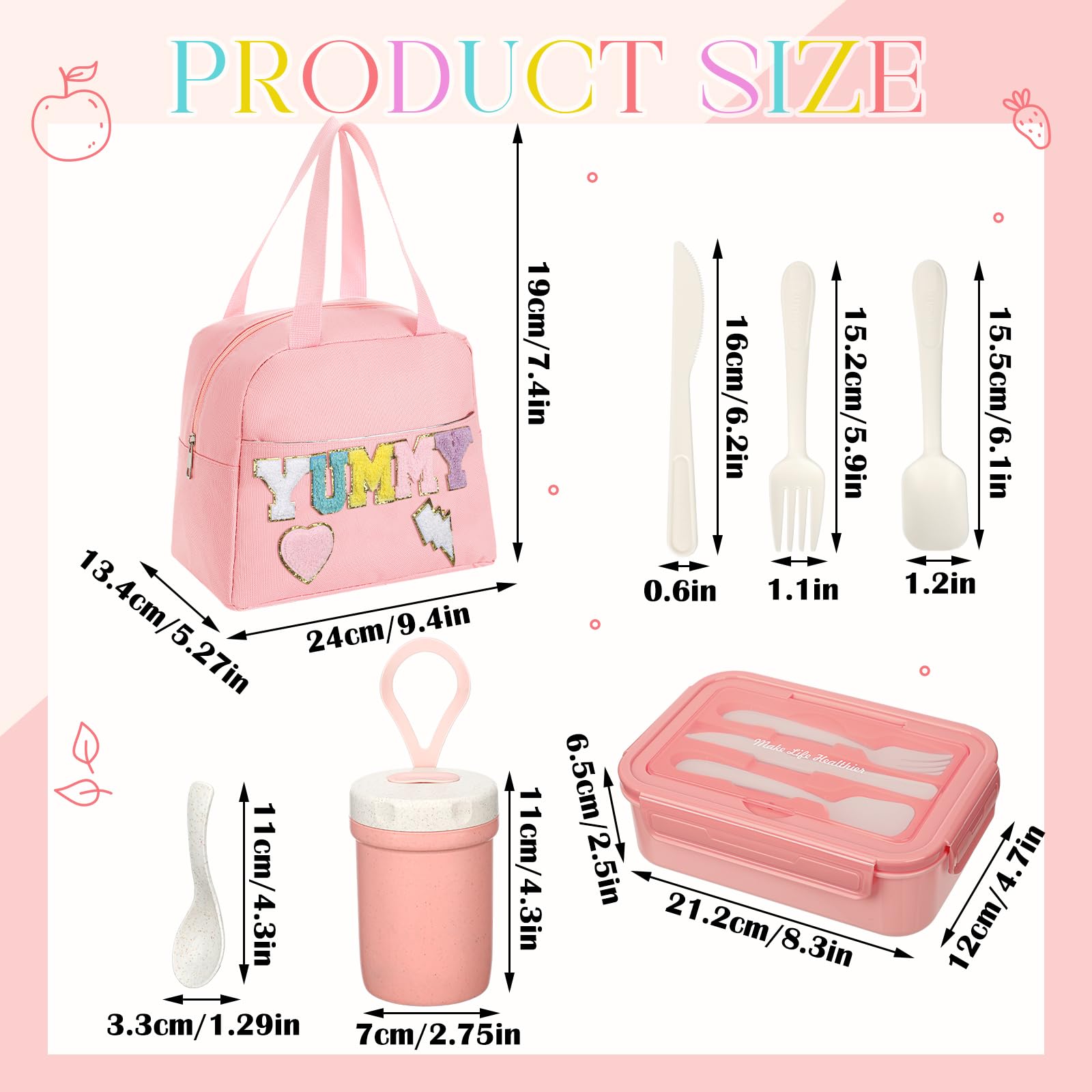 Dandat Preppy Sac à déjeuner pour femme et fille Rose Boîte à bento avec compartiments et tasse à soupe pour filles, adultes, adolescents, école, voyage, pique-nique