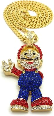 ICED LAB Diamond Bling Mario Pendant & 6mm 30" Box Cuban Chain Hip HOP Necklace