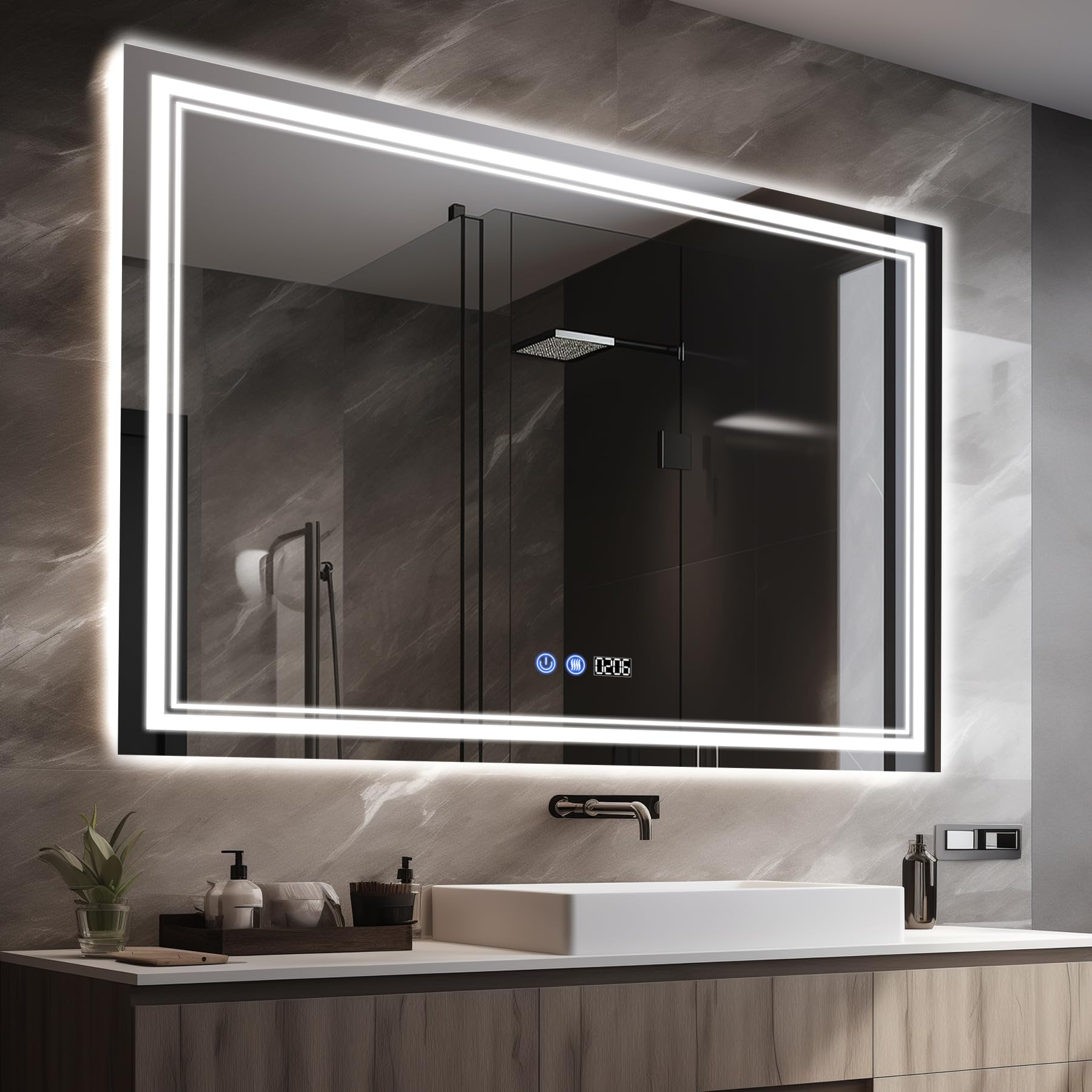 LED Bathroom Mirror, 48"X36" Bathroom Mirror with Lights，Anti-Fog, Memory Function, Stepless Dimmable, LED Display Time Temperature (X Large)
