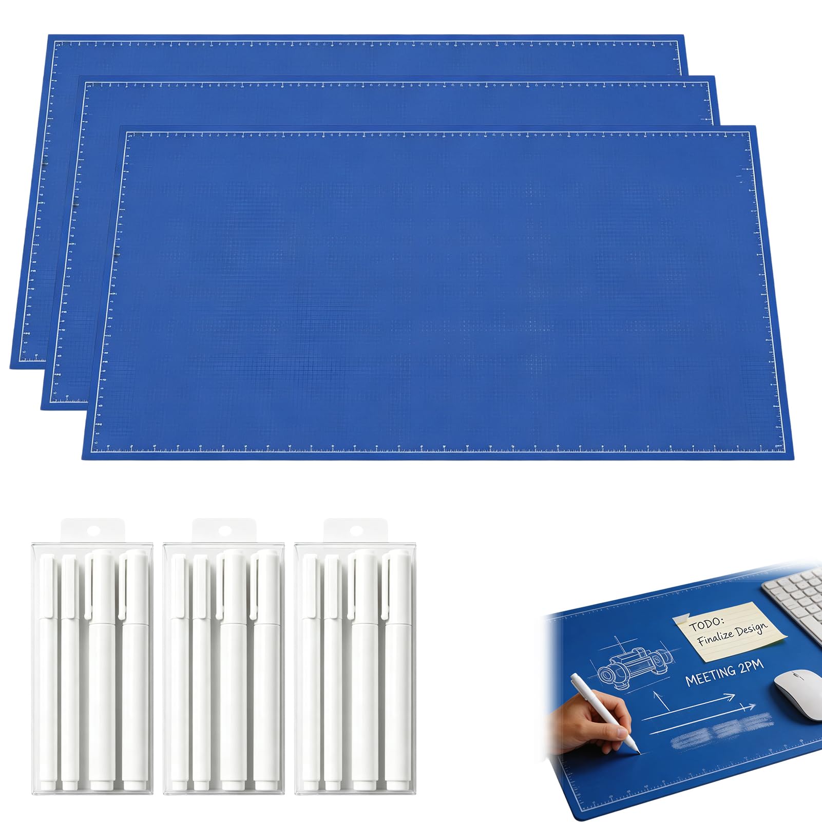 2027 Upgrade Blueprint Desk Mat - Blueprint Deskmat Includes Marker, 28" × 12" Large Writable Desk Pad, A Double-Sided Deskmats to Draw, Erase & Redraw As Needed (3*Set)