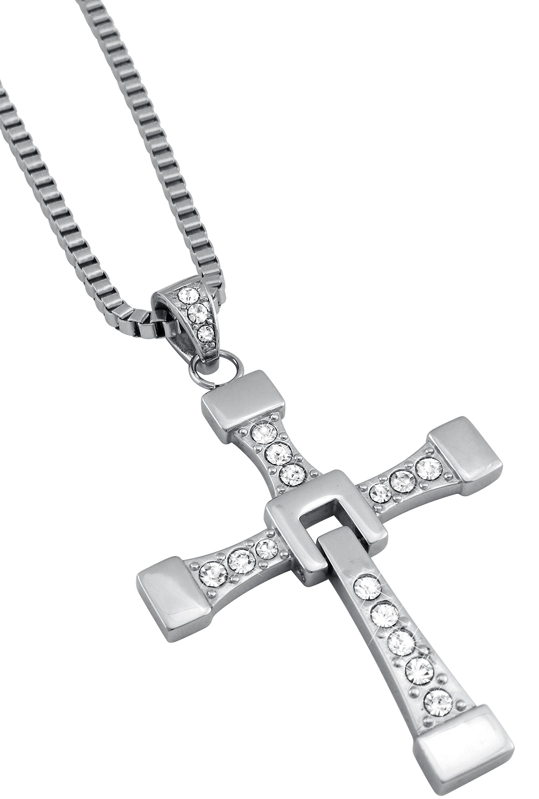 Collana in acciaio inox con ciondolo a forma di croce e strass lunghi 60 cm – Collana Dominic Toretto ispirata a Fast and Furious – Articolo perfetto per i fan del film
