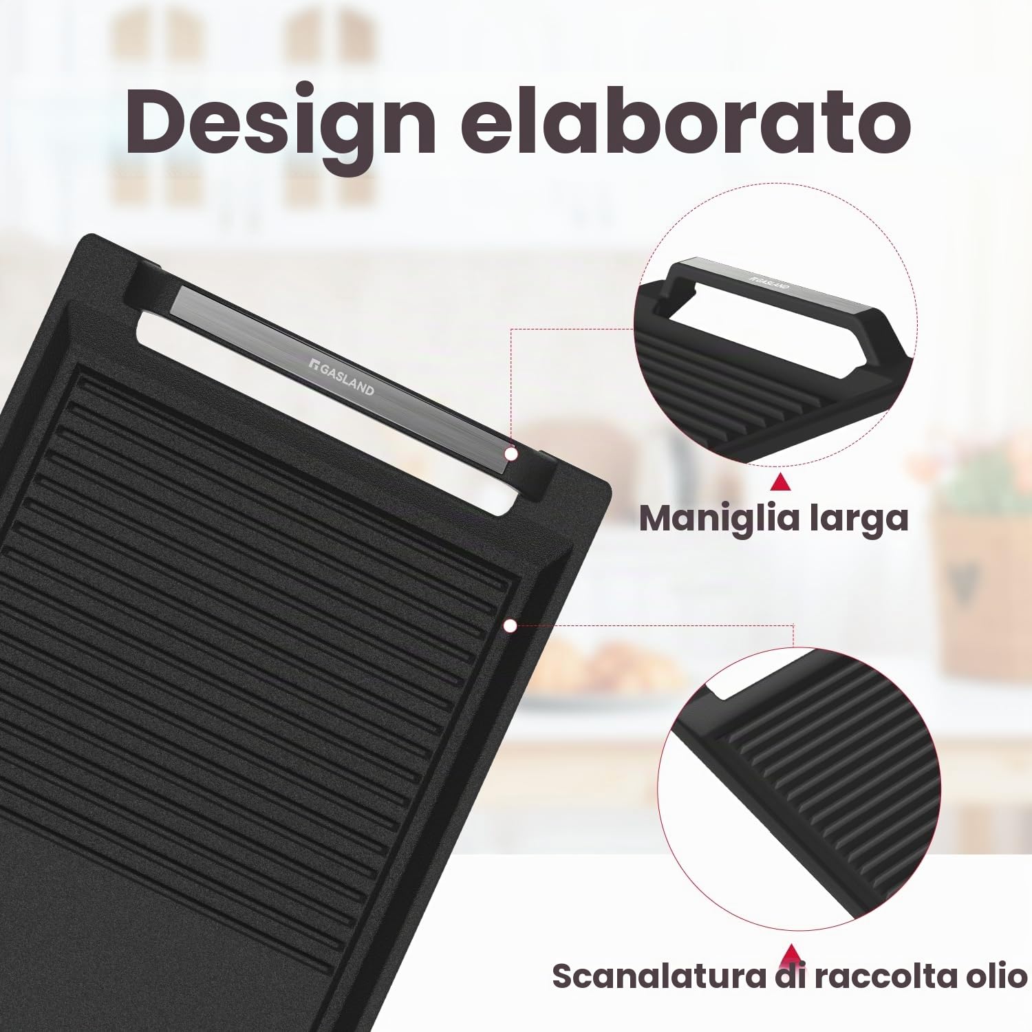 GASLAND IHGD-S23C Piastra Grill con Maniglie Laterali, Teglie per Piani Cottura a Induzione, Ghisa con Rivestimento in Teflon: Protezione Antiaderente e Antiruggine, Accessori, Vassoio Grill