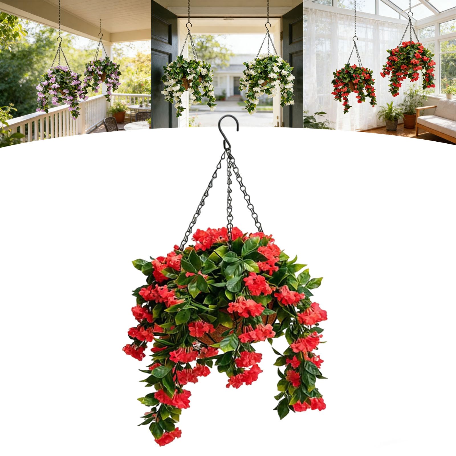 JORCEDI 15" Faux Crepe Myrtle Hanging Baskets, Artificial Hanging Baskets Outdoor, UV Resistant Realistic Artificial Hanging Plants for Patio,Porch & Home Decor (Red,1pcs)