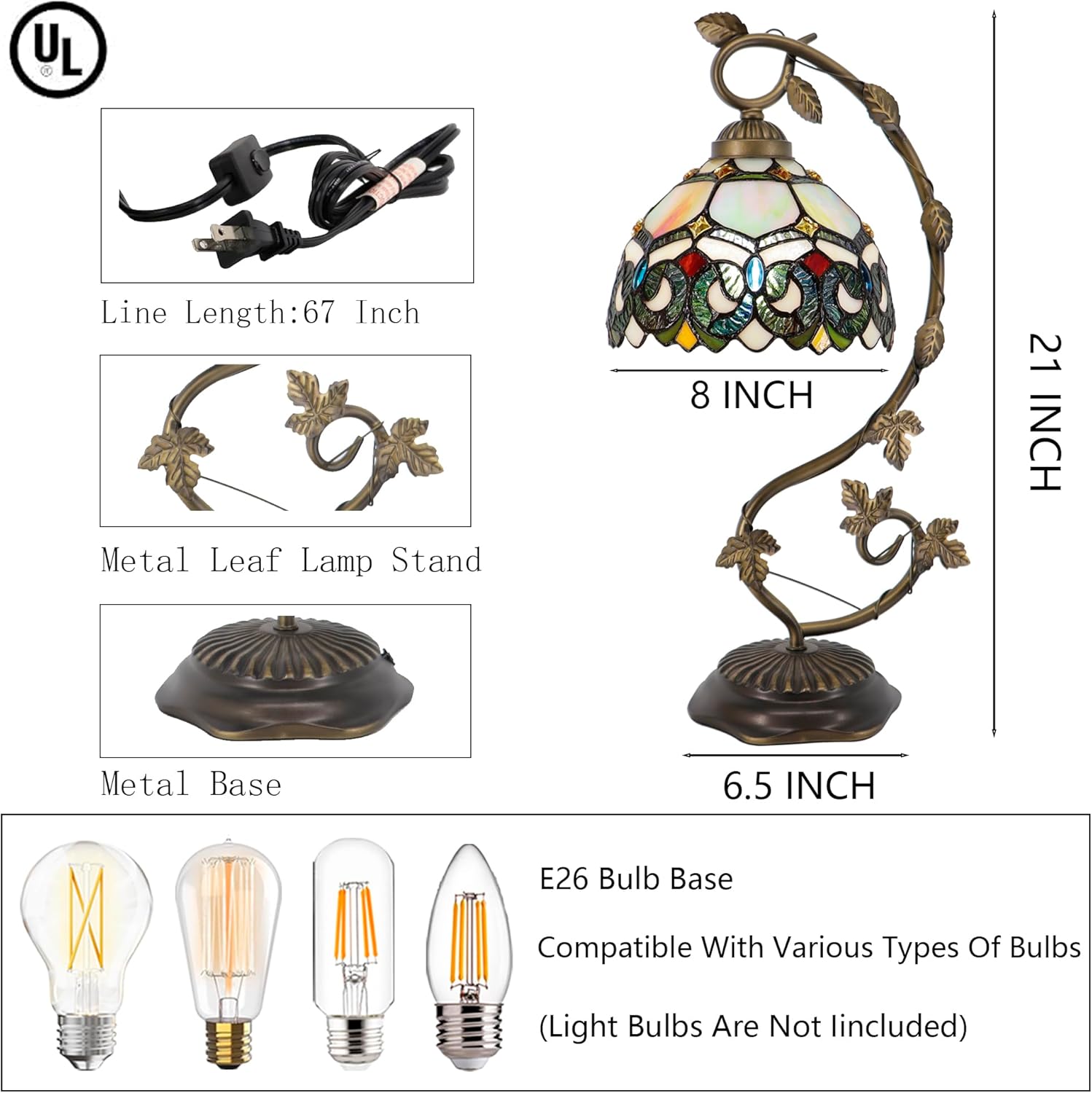 Tiffany Table Lamp, Stained Glass Desk Reading Light,Metal Leaf Table Lamp Base 8X10X21 Inches (Seven Color Baroque)