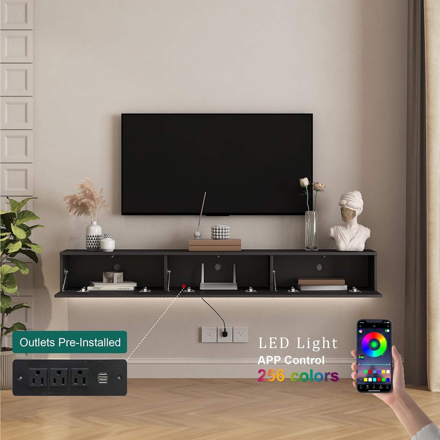 Floating TV Stand, Wall Mounted TV Shelf with LED Lights & Power Outlet, 68.8" Modern Entertainment Center Media Console with Storage with 3 Fluted Flip-Down Doors for Living Room,Bedroom(Black)