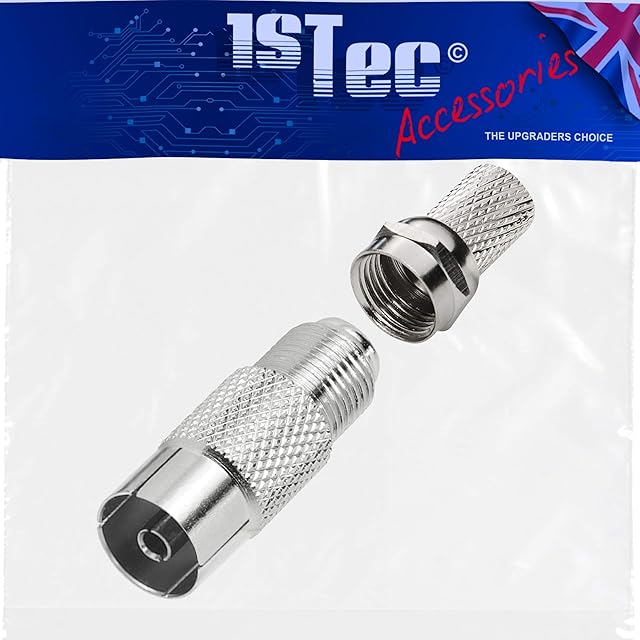 1STec 1 x Screw Type Female Coaxial TV Socket with Standard F-connector for 6mm RG6 CT100 WF100 Freeview Satellite Aerial Extension Wire to a Push on to Male UHF Coax Replacement Termination Adaptor