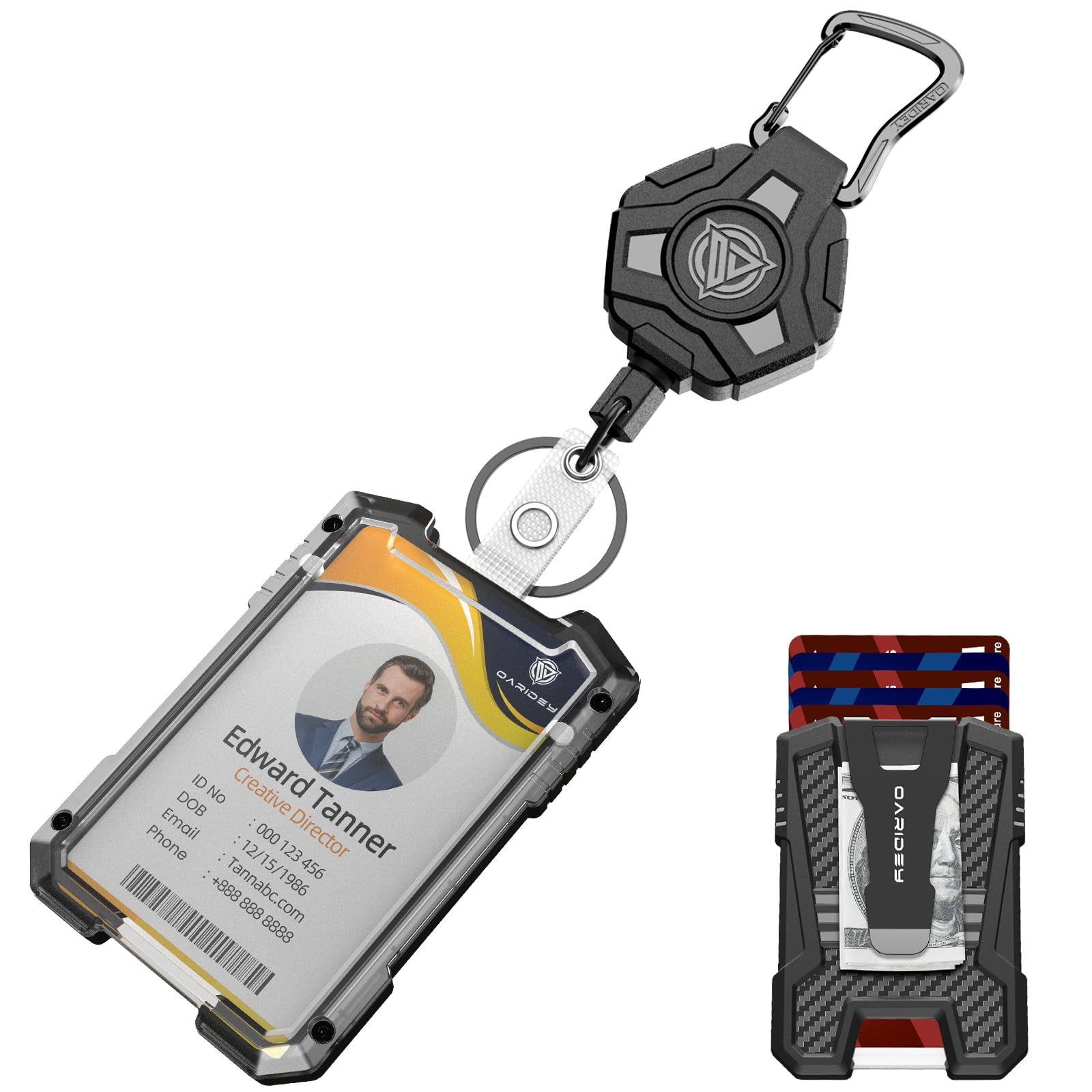 Oaridey Retractable Badge Holders, Heavy Duty Retractable Keychain with Tactical ID Card Holder (Holds 5 Cards), ID Badge Holders with Metal Clip, 31.5' Badge Reel