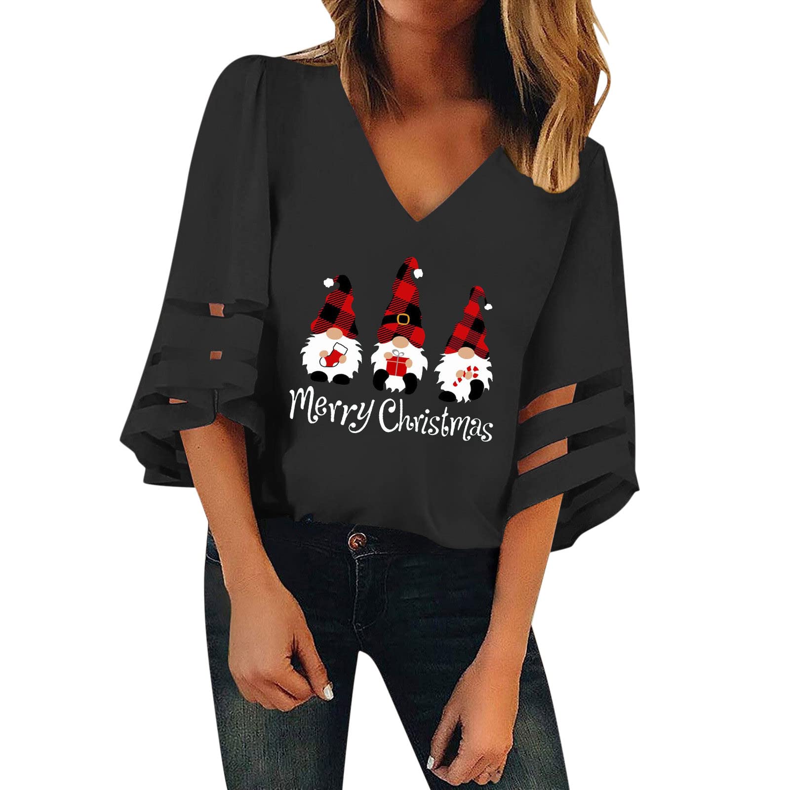 T-shirt De Noël Humour Pour Femme - Haut à Motifs Festifs Manches Courtes - 3