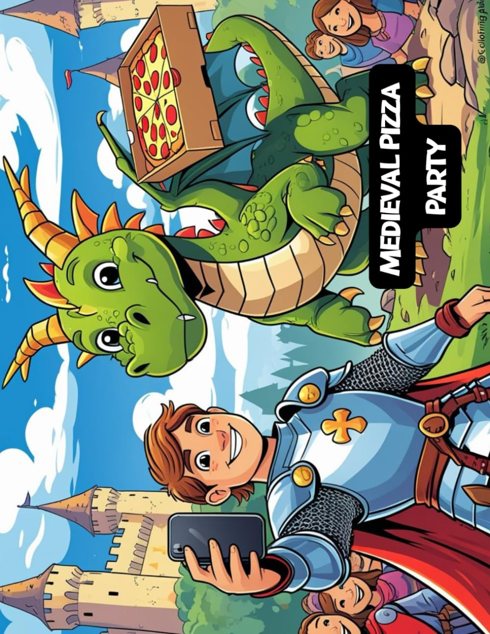 Medieval Pizza party colouring book: A Cheesy Adventure of Knights, Wizards, and Dragons, suitable for all ages