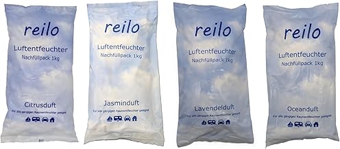 reilo Duftset mit 12x 1kg Luftentfeuchtergranulat, mit je 3x Citrus-, Jasmin-, Lavendel- und Oceanduft, Raumentfeuchter