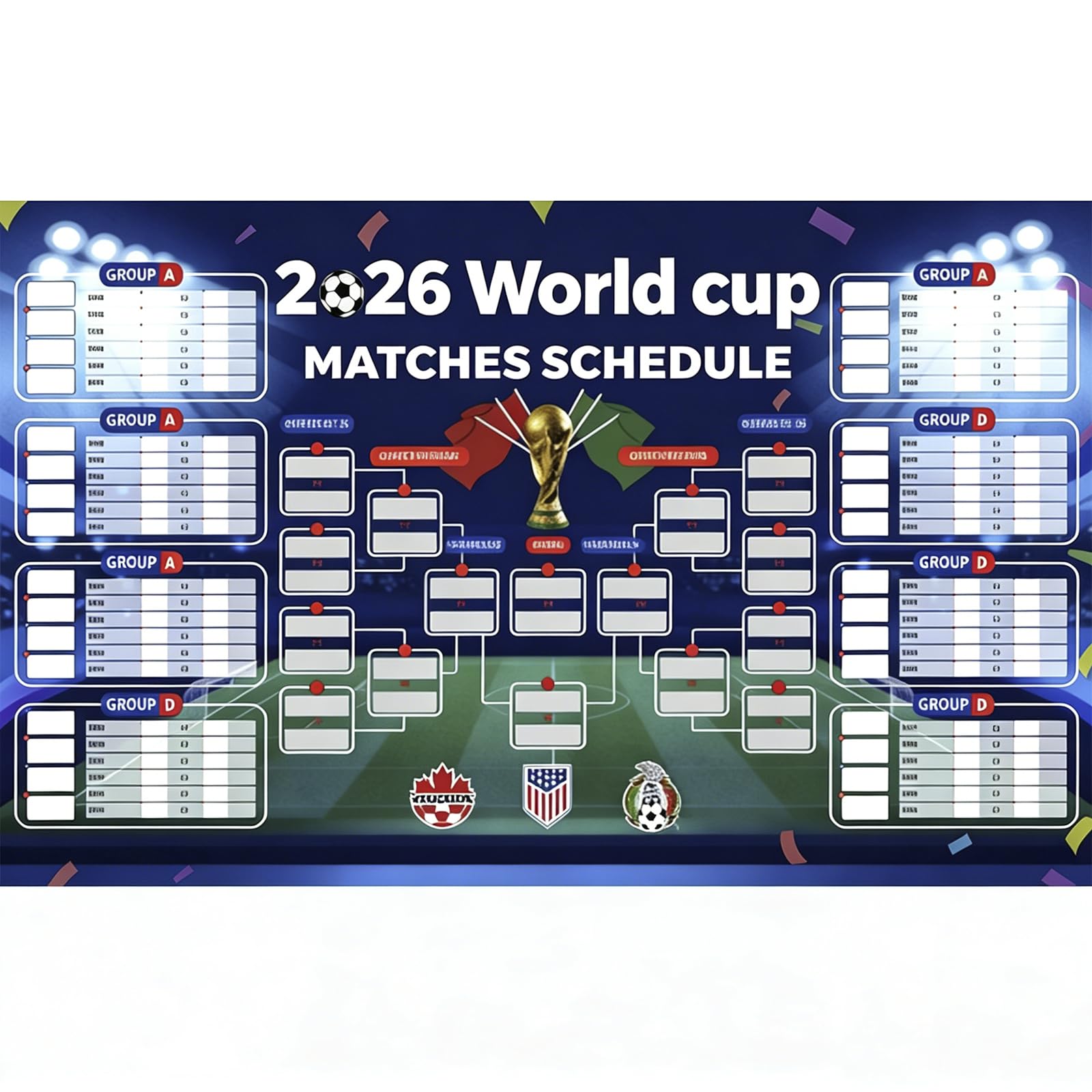 Lirynox Colorful World Cup Football 2026 Wallchart 150×90Cm World Cup Schedule Poster With Hook Waterproof Tear-Resistant Interactive Tournament Wallchart Gymnasium Bar Display Fan Poster Gift