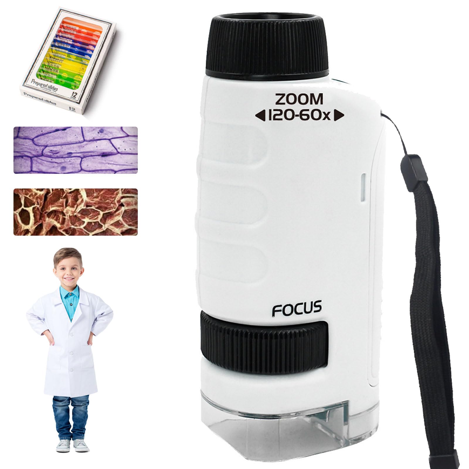 Minilabsters Miniscope Kids, Mini Labsters Portable Microscope,60x-120x Handheld Pocket Kids' Microscope for Students Adults Home School Lab, Christmas Learning Gift (White)