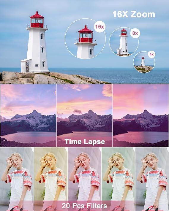 Digital Camera 4K 64MP Camera Double Camera with Auto Focus Flash 16X Zoom Anti-Shake 32GB Card Compact Vlogging Camera for Children Teenagers Adults Beginners Pink