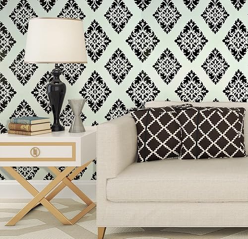 J1260 - Papel tapiz de damasco para despegar y pegar negro/blanco, 17.7 pulgadas x 9.8 pies, papel de contacto autoadhesivo extraíble para muebles,