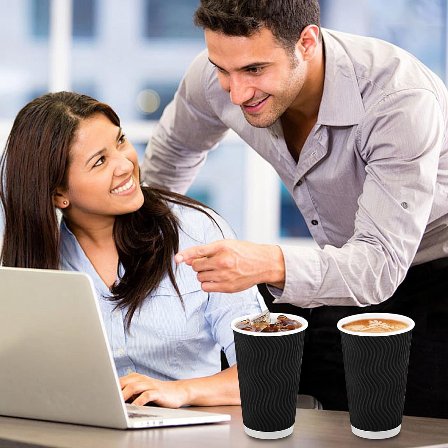 Lamosi Disposable Coffee Cups 16 OZ 90 Pack, Paper Coffee Cups 16 OZ for Hot Drinks or Cold Beverages, Insulated Corrugated Ripple Wall Cup No Lids for Office, Cafe, Home or Travel (Black) - Image 6