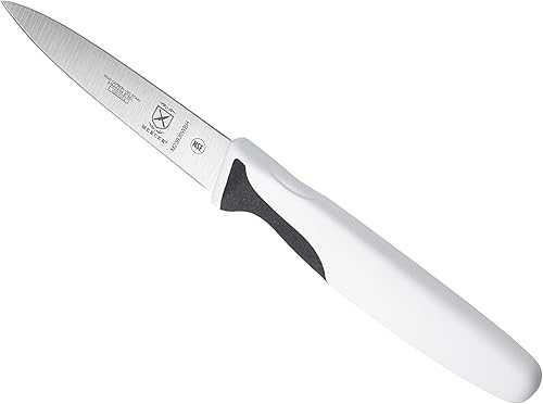 Vista 55 de Mercer Culinary Millennia Colors - Cuchillo Santoku, borde Granton de 7 pulgadas, color rojo