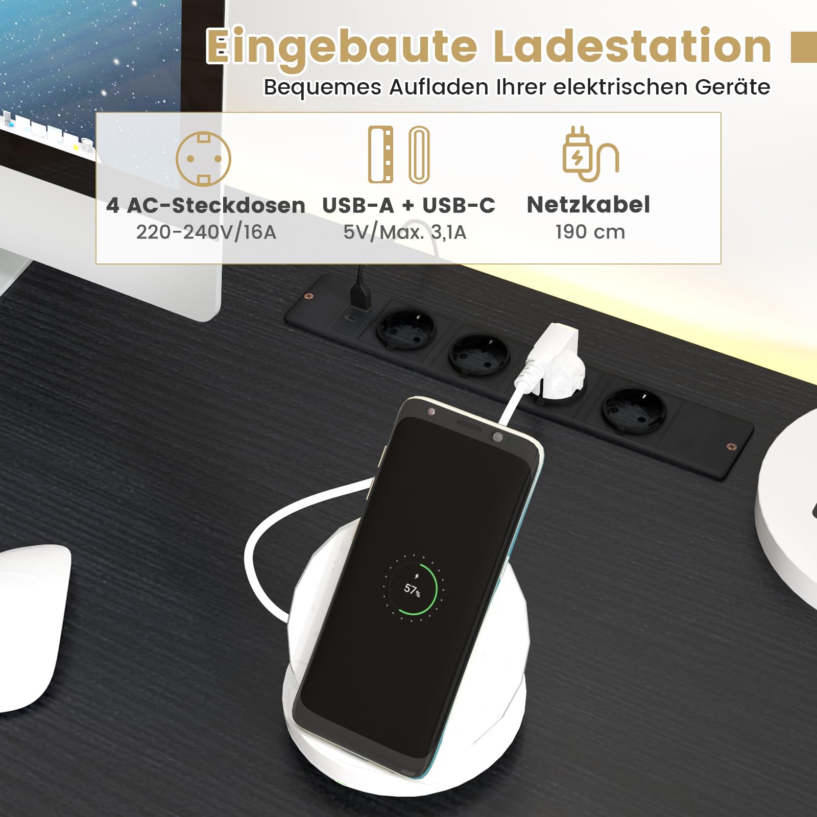 COSTWAY Biurko ze stacją ładującą i oświetleniem LED, biurko komputerowe z otwartymi półkami, 2 szufladami, szafką, podstawką pod CPU i torbą materiałową, biurko gamingowe do domu, biura, czarne