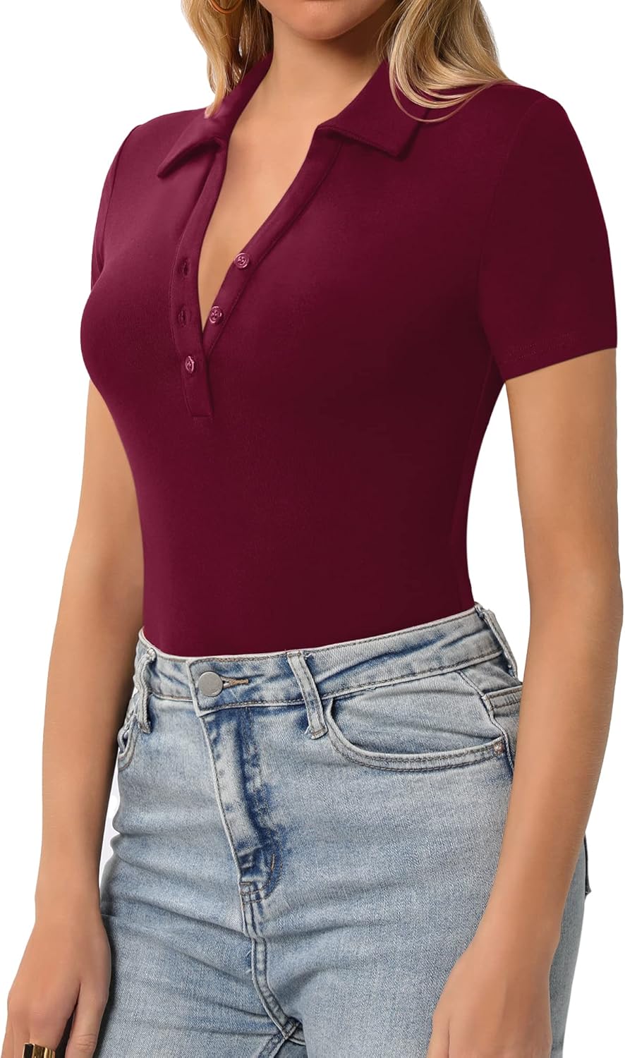 HERLOLLYCHIPS Womens Short Sleeve Tops V Neck Button Down Collared Fitted Shirts - Image 2