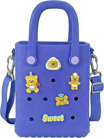 Juyeesm Mini Rubber Beach Bag with Strap & Charms, Waterproof EVA Beach Bag for Girls, Small Rubber Tote Bag for Women